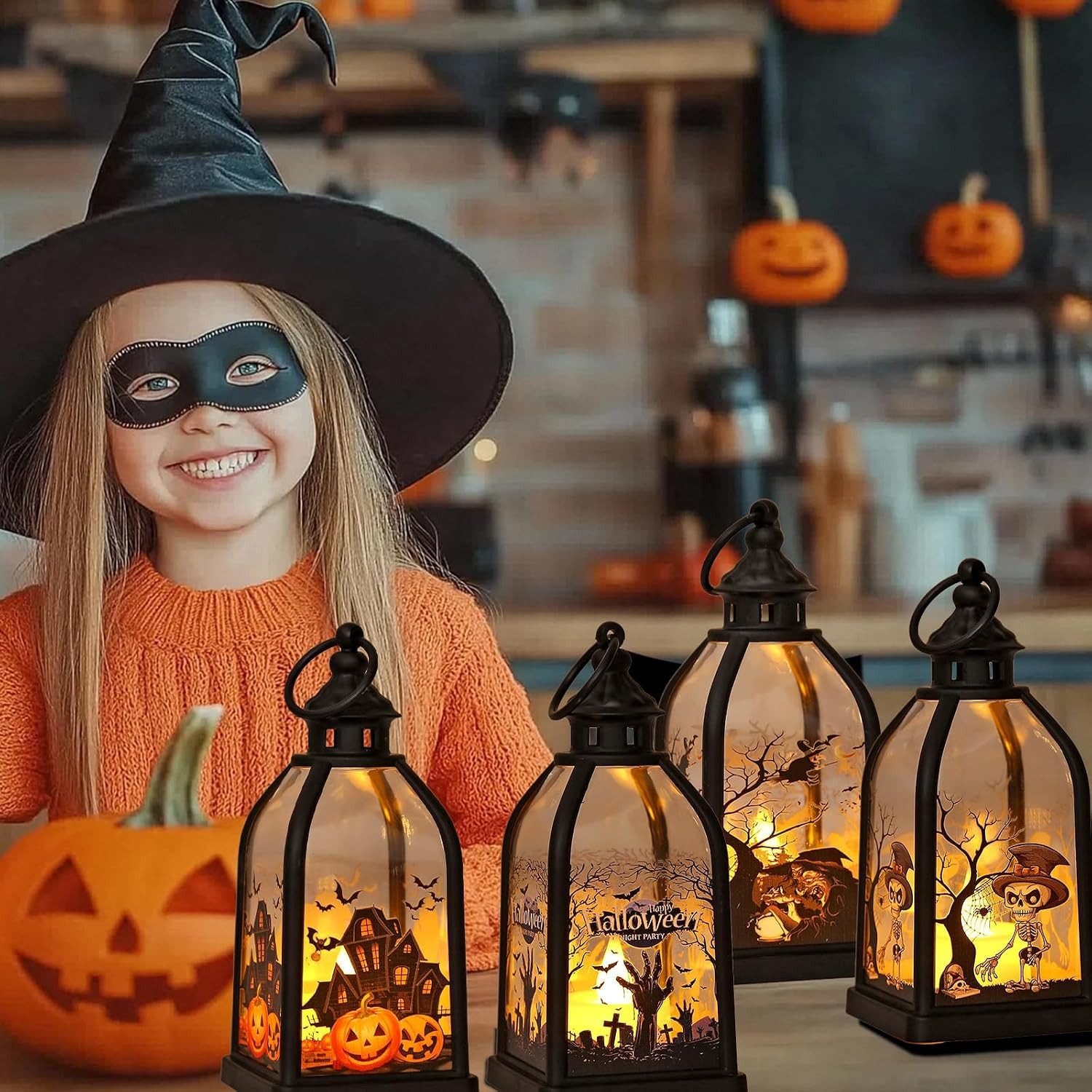 FELIXLEO LED Laterne 4 Stück Halloween Laternen, 15 cm LED-Kerzenlaternenmit Hexe und Geist – Bild 4 von 5