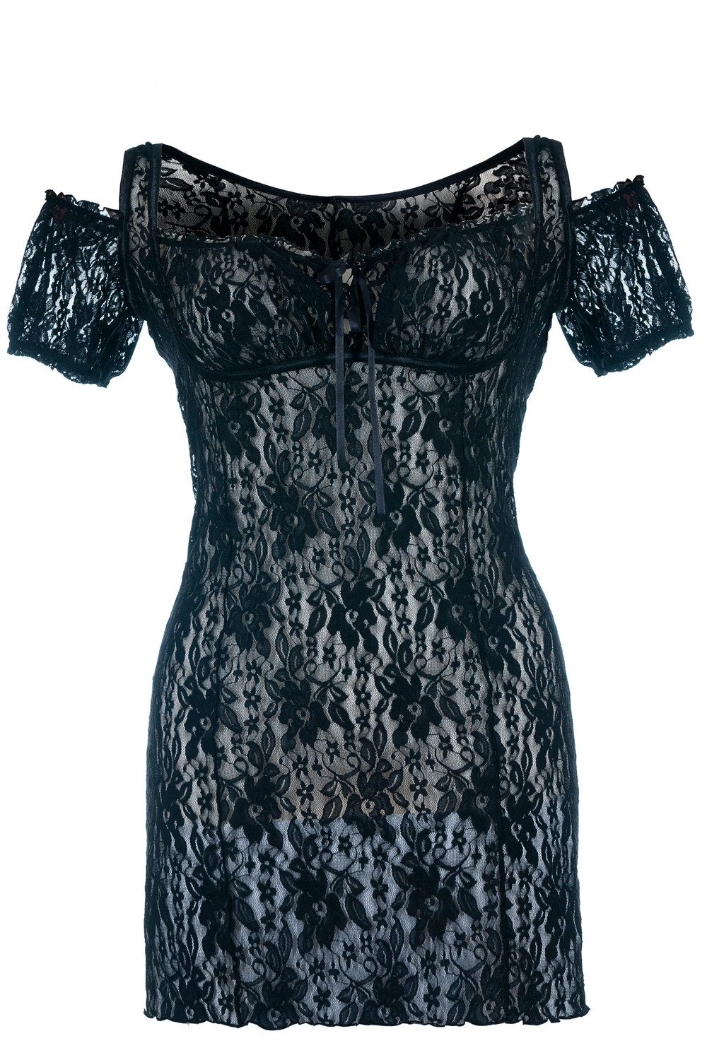 Negligé Schwarzes Spitzen Chemise transparent mit Schnürung Damen Negligee XXL
