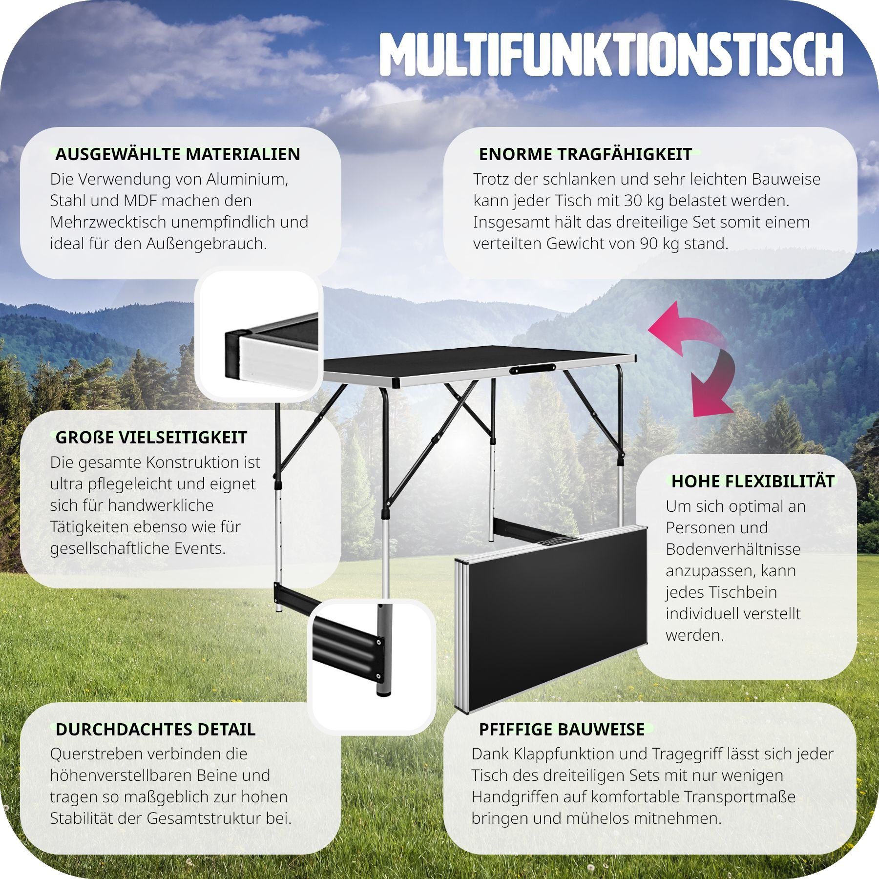 tectake (3-St., Tapeziertische 3 3 Tapeziertisch tlg)