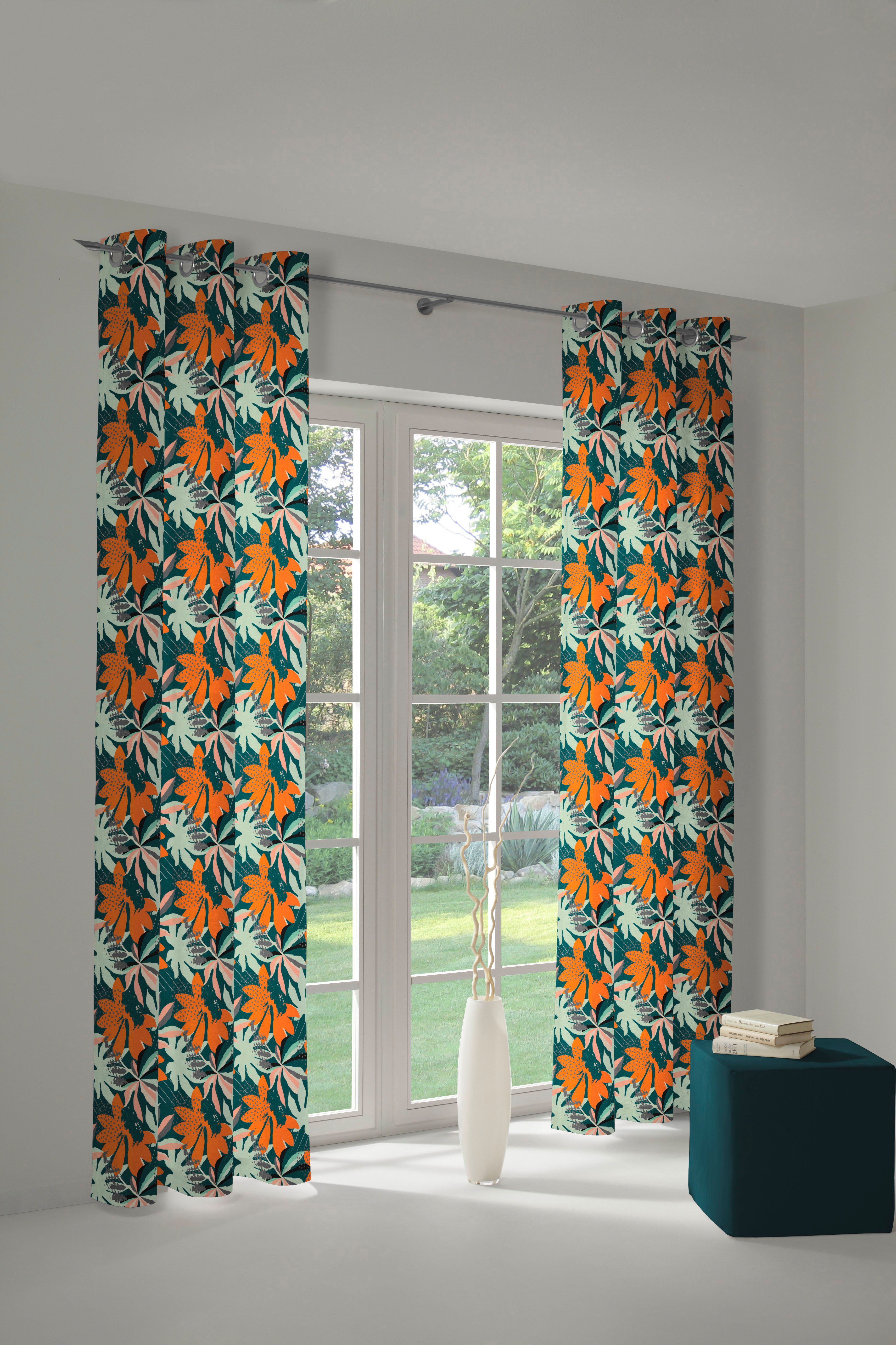 Jacquard, nachhaltig Ösen Vorhang blickdicht, Jungle, St), orange/dunkelgrün (1 Adam,