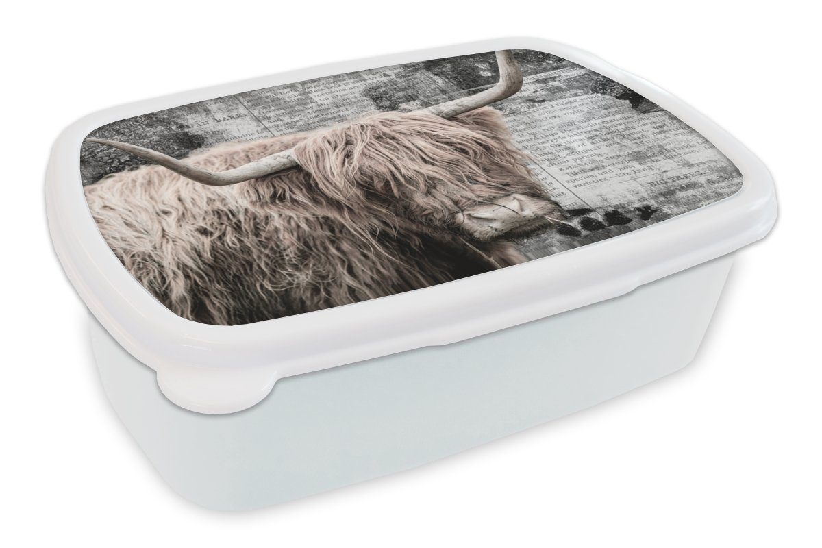 MuchoWow Lunchbox Schottischer Highlander - Kuh - Retro, Kunststoff, (2-tlg), Brotbox für Kinder und Erwachsene, Brotdose, für Jungs und Mädchen weiß