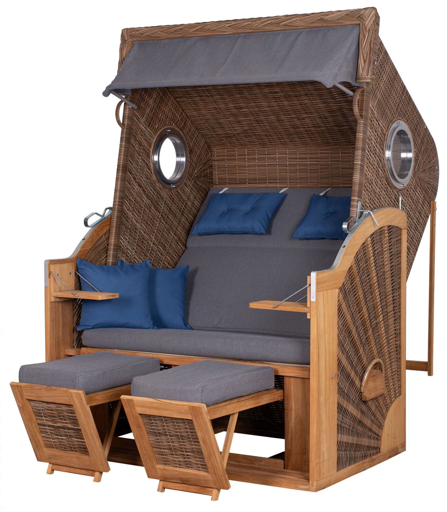 deVries PURE® Strandkorb Cliff XL SUN - PE griseum - Dessin 486, BxTxH: 130x80x160 cm, Dreiviertellieger, Ostsee-Strandkorb, edles Teakholz - beidseitig geflochen - inkl. Schutzhülle