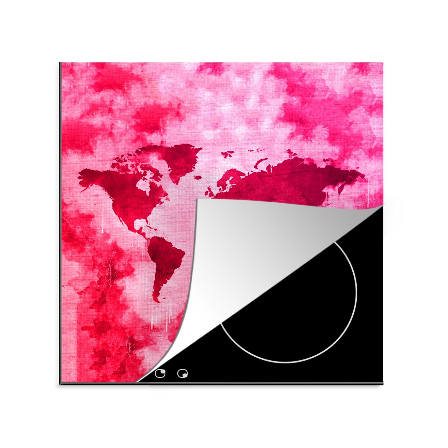 - für cm, Farben küche Rosa, Ceranfeldabdeckung, - MuchoWow Weltkarte Arbeitsplatte 78x78 (1 Vinyl, tlg), Herdblende-/Abdeckplatte