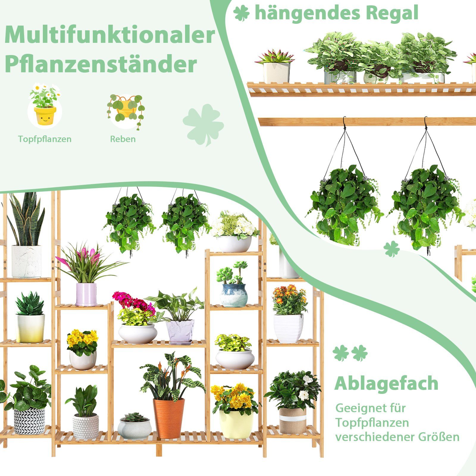 Bambus 9 mit Hängegestell, & 167x30x166cm Ebenen COSTWAY Pflanzentreppe, aus
