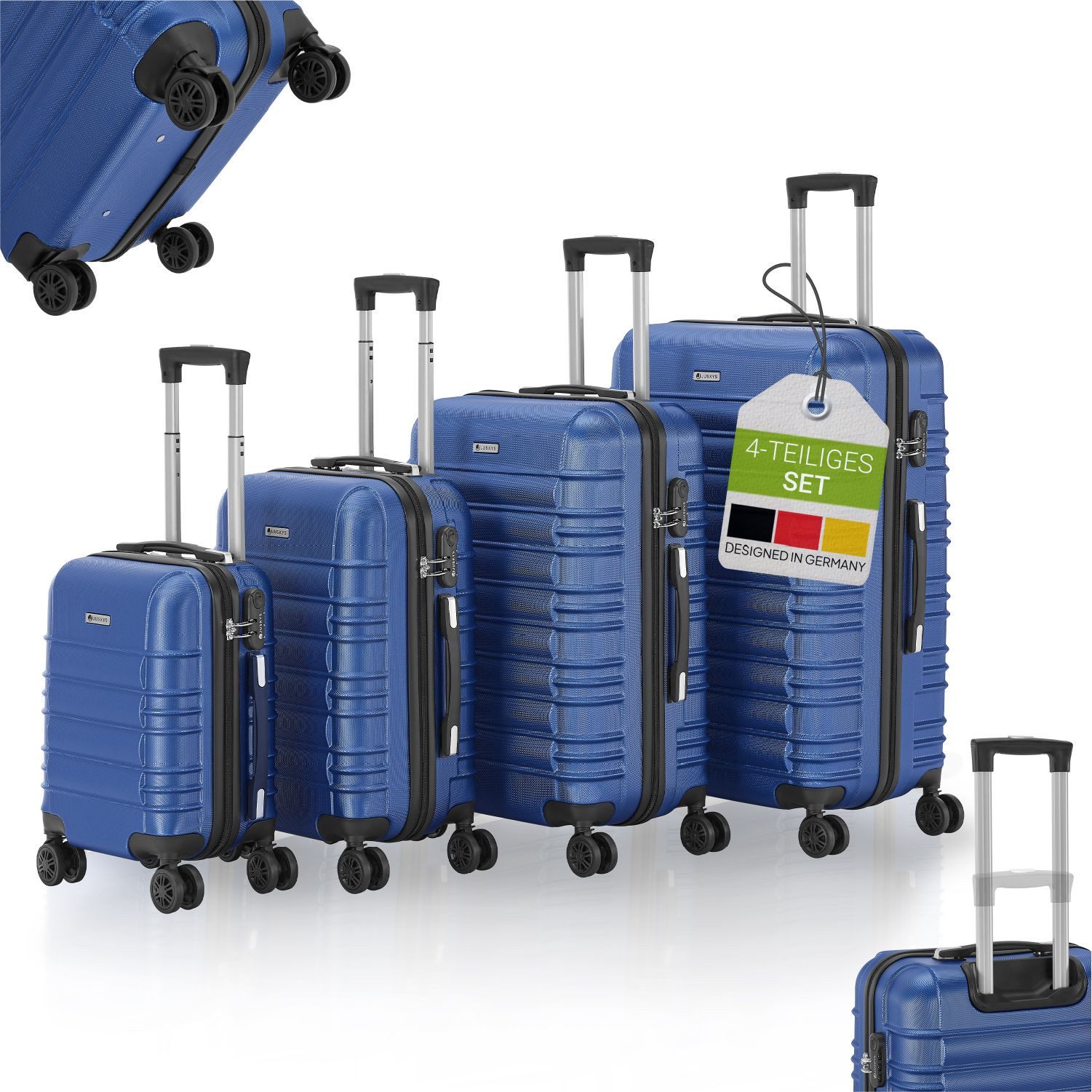 Juskys Trolleyset Rom, 4 Rollen, (4 tlg., 4-teilig), 4 Koffer, 360° Rollen, robuste Hartschale, mit Zahlenschloss