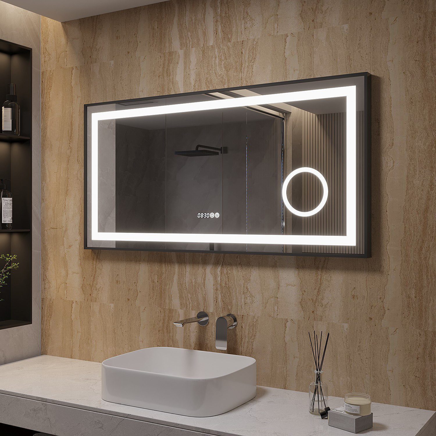 AQUALAVOS Badspiegel 100-120 cm LED Wandspiegel mit Beleuchtung Kaltweiß Dimmbar Badspiegel, Aluminiumrahmen Schwarz mat, Schminkspiegel 3-Fach Vergrößerung, IP44