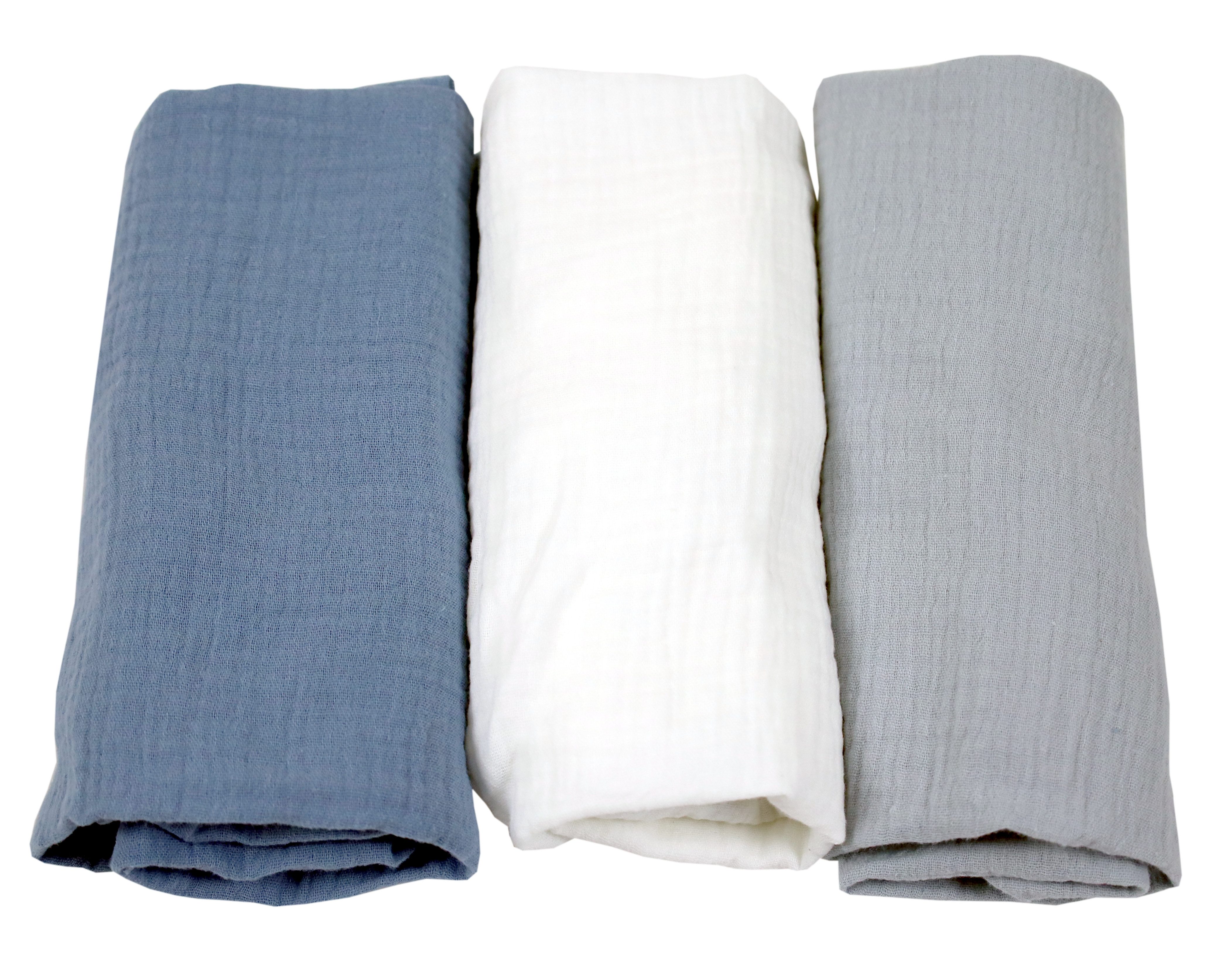 BabyLux Spannbettlaken Musselin Set – 3er Pack 40x80 cm für Kinderwagen Stubenwagen Babybett, Gummizug: ja, z15 Blau-Weiß-Grau