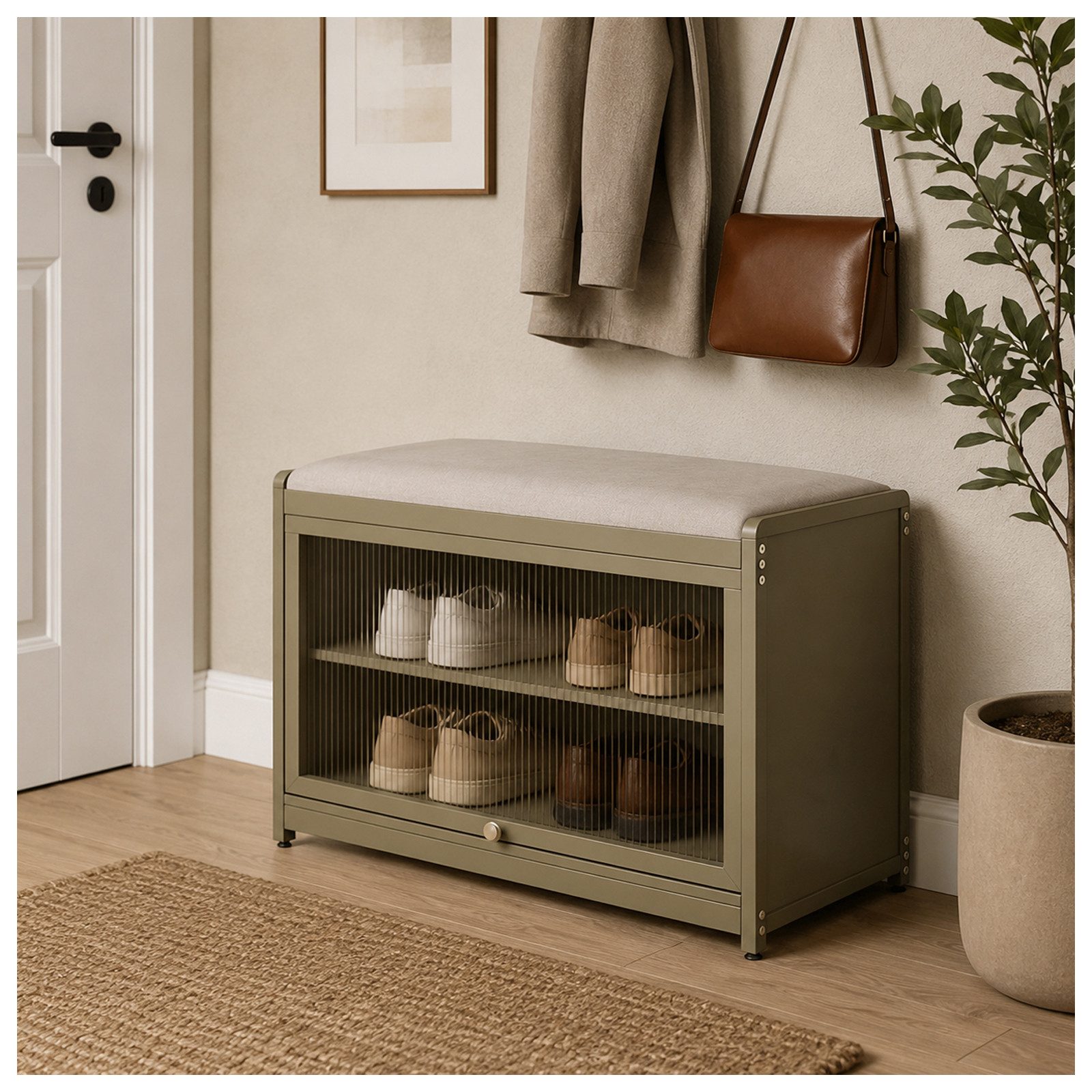 HTI-Living Schuhschrank mit Schiebetür und Sitzkissen Braun (1 Stück, 1-St., 1 Schuhschrank mit Sitzkissen) Sitzkissen mit Polyesterbezug in Leinenoptik