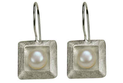 SILBERMOOS Perlenohrringe Quadratische Ohrhänger mit Perle, 925 Sterling Silber