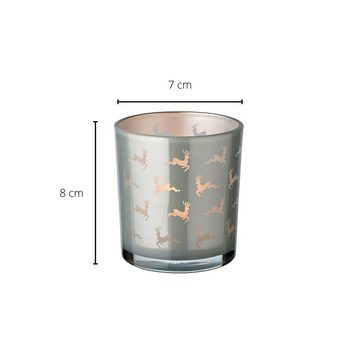 EDZARD Teelichthalter Hiti (2er, Set), Höhe 8 cm, Ø 7 cm, Windlicht, Teelichtglas mit Rentier-Motiv in Grau