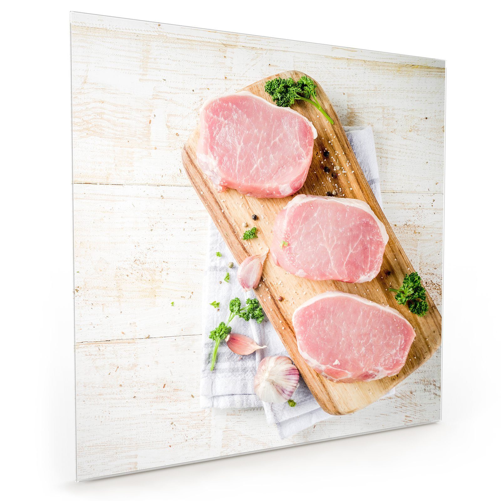 Motiv Holz Spritzschutz Primedeco Küchenrückwand Schweinefleisch mit auf Glas Küchenrückwand