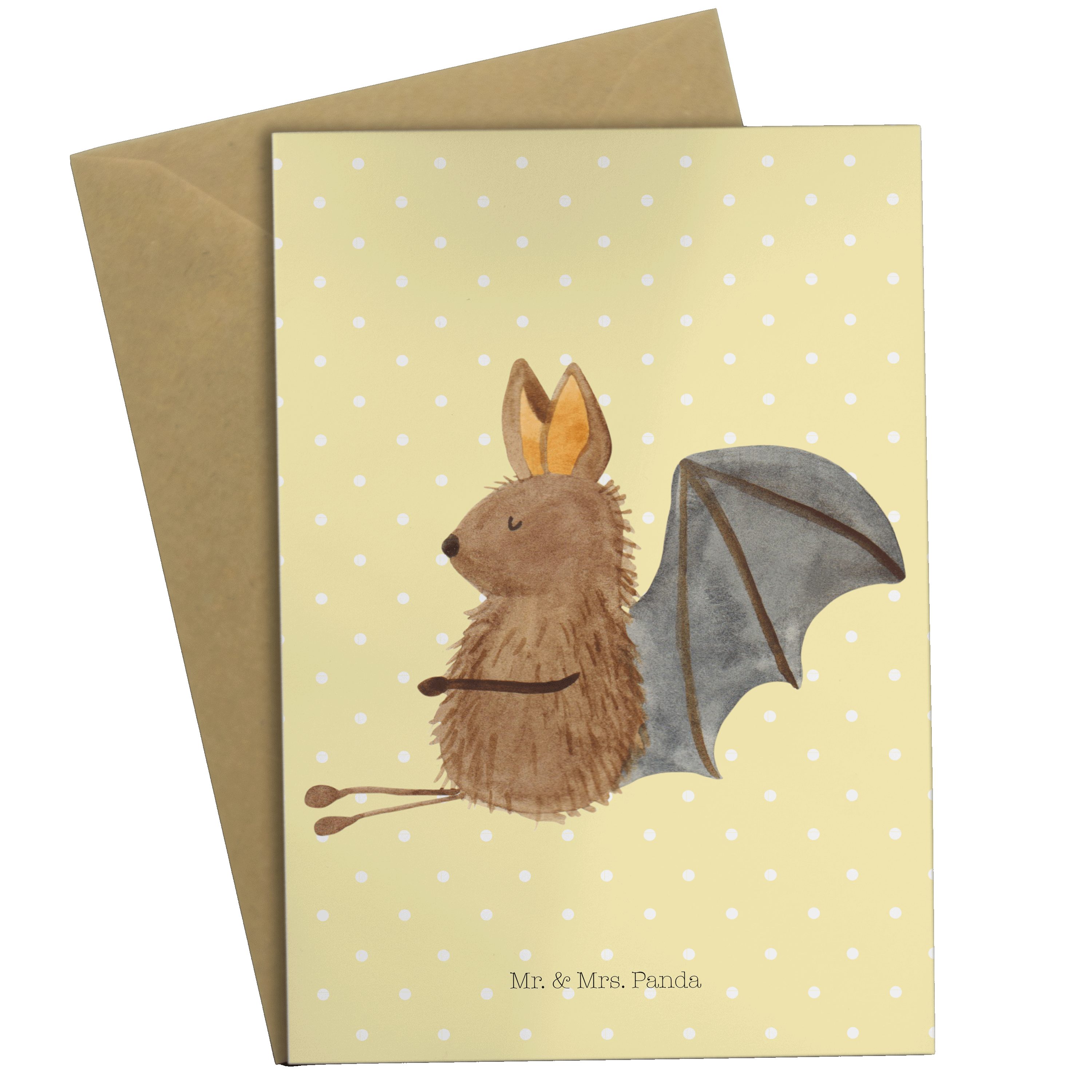 Mr. & Mrs. Panda Grußkarte Fledermaus sitzend - Gelb Pastell - Geschenk, Gute Laune, Motivation | Grußkarten