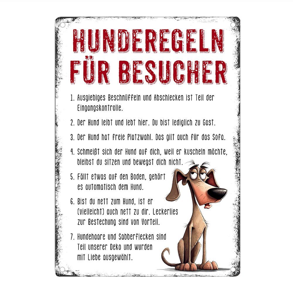 Cadouri Metallschild Hundeschild HUNDEREGELN FÜR BESUCHER - Dekoschild mit Hundemotiv, (Wandschild mit vier vorgebohrten Löchern & abgerundeten Ecken), UV-beständig, 28,5 x 20 cm, Geschenk für Hundebesitzer