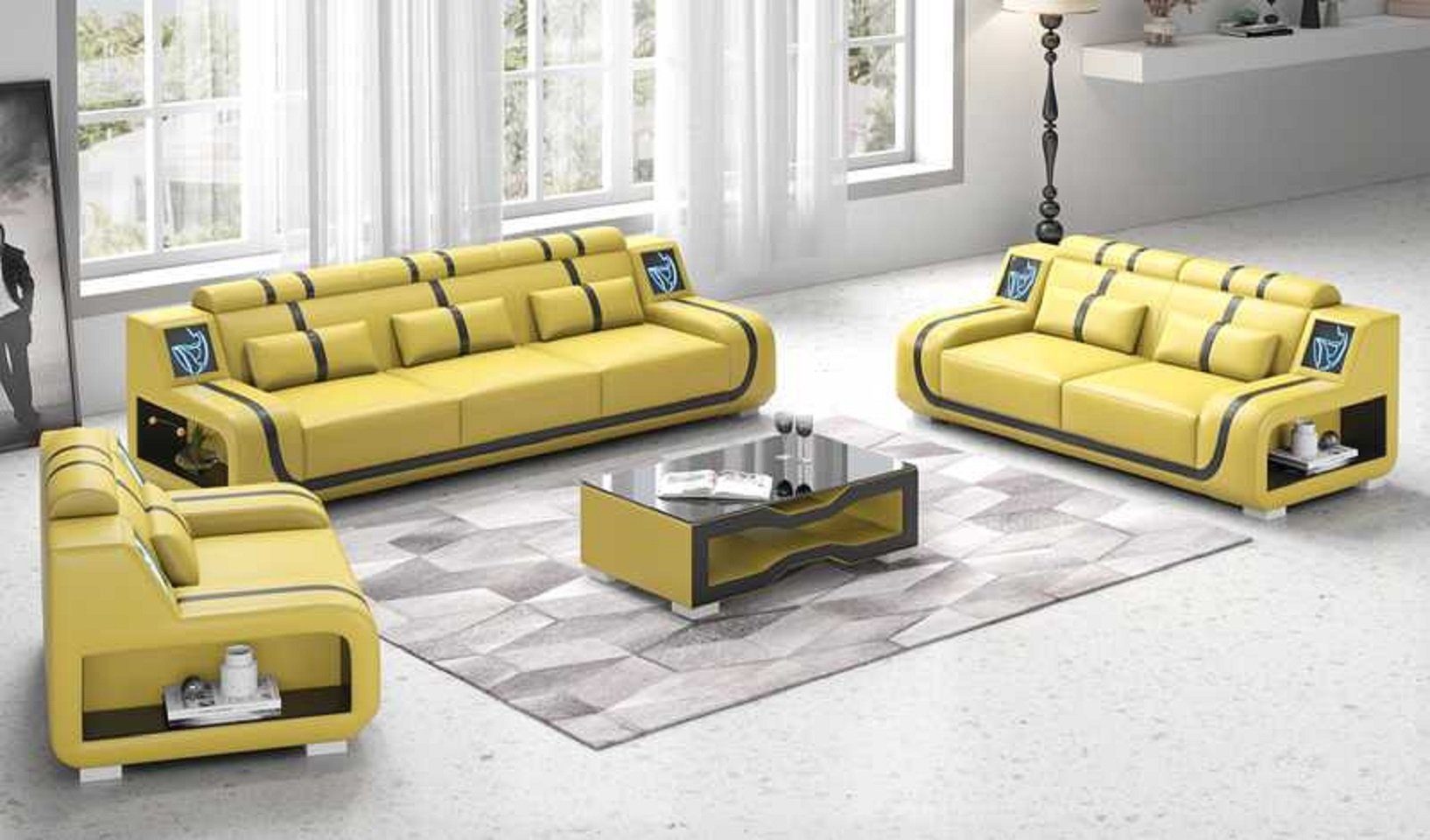 Nur Sitzer + Wohnzimmer JVmoebel Gelb Sitzer 3tlg, (3-St., Sessel), Sofagarnitur Made Europe Wohnzimmer-Set 2+3 Braun Sofa Komplette 321 in