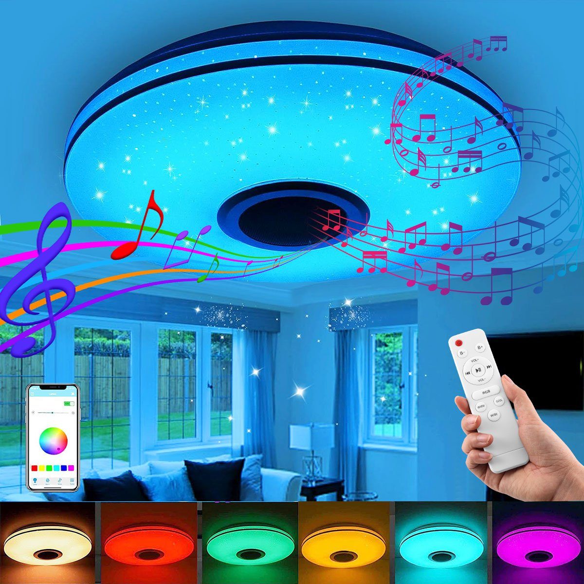 LETGOSPT Deckenleuchte Deckenlampe mit Bluetooth Lautsprecher, Musik Lampe, RGB Farbwechsel, LED fest integriert, Dimmbar mit Fernbedienung oder APP, für Wohnzimmer Schlafzimmer Bar 36W - 30cm x 5cm | Deckenlampen