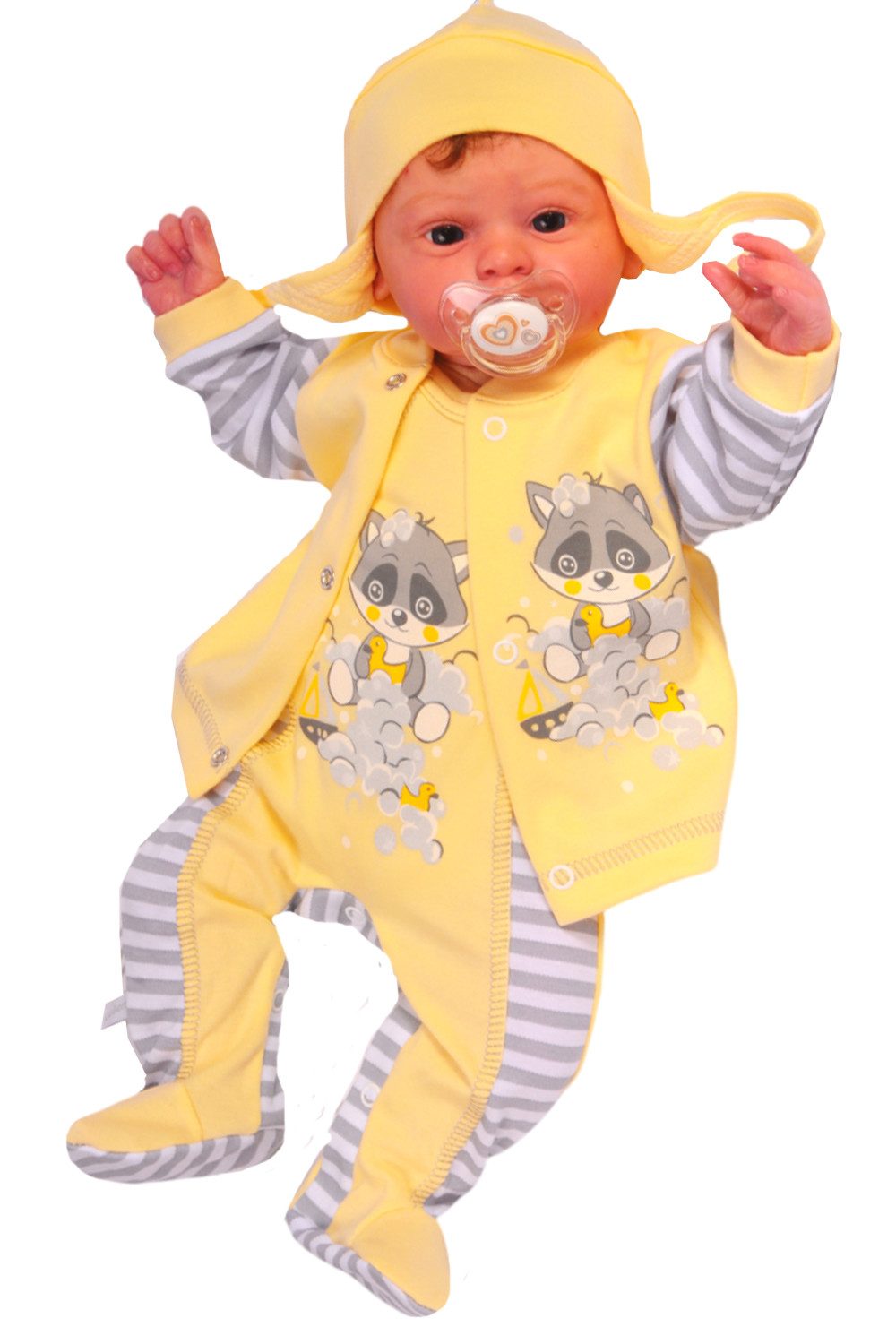 Strampler, Jäckchen & Mütze Erstlingsausstattung Baby Anzug in Gelb Hemdchen Strampler Mütze