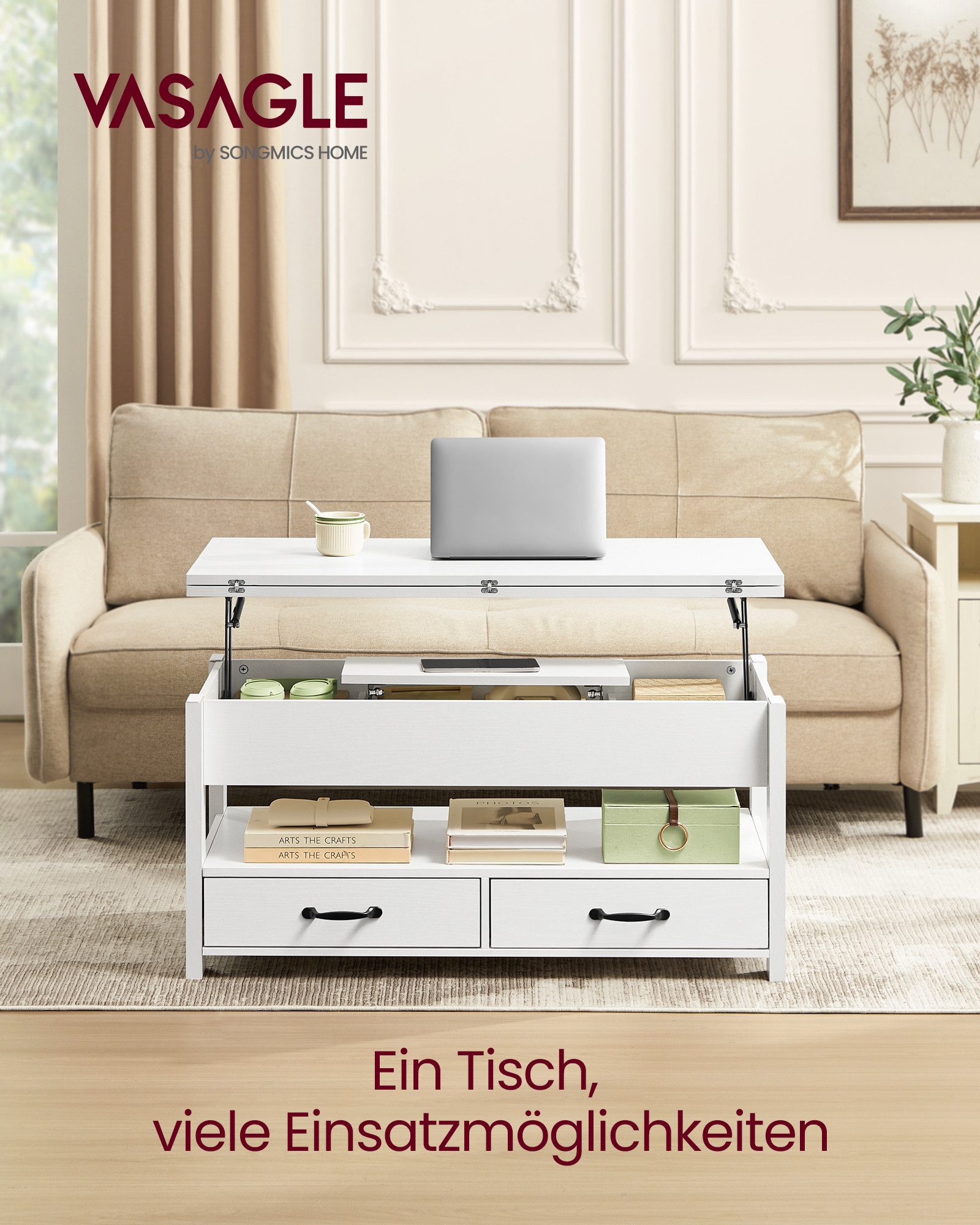 VASAGLE Couchtisch höhenverstellbar mit 2 hochklappbaren Tischplatten, Stauraum (multifunktional, inkl. Zubehörpaket & Anleitung), 2 Schubladen und Ablage, Wohn – Bild 3 von 5