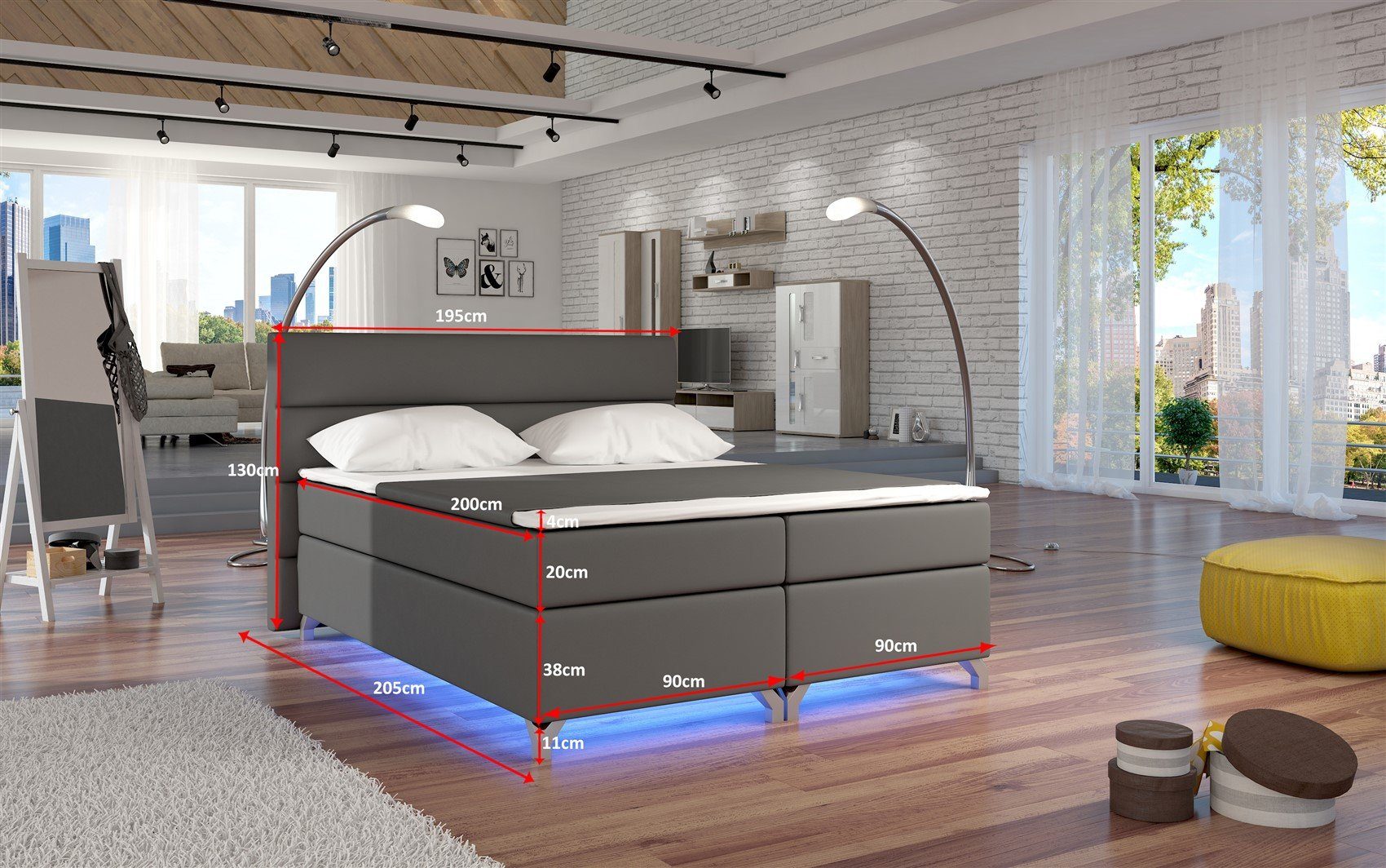 Fun Möbel Boxbett Schlafzimmerbett PARMA mit LED (inkl. Bettkästen, inkl. Kaltschaumtopper)