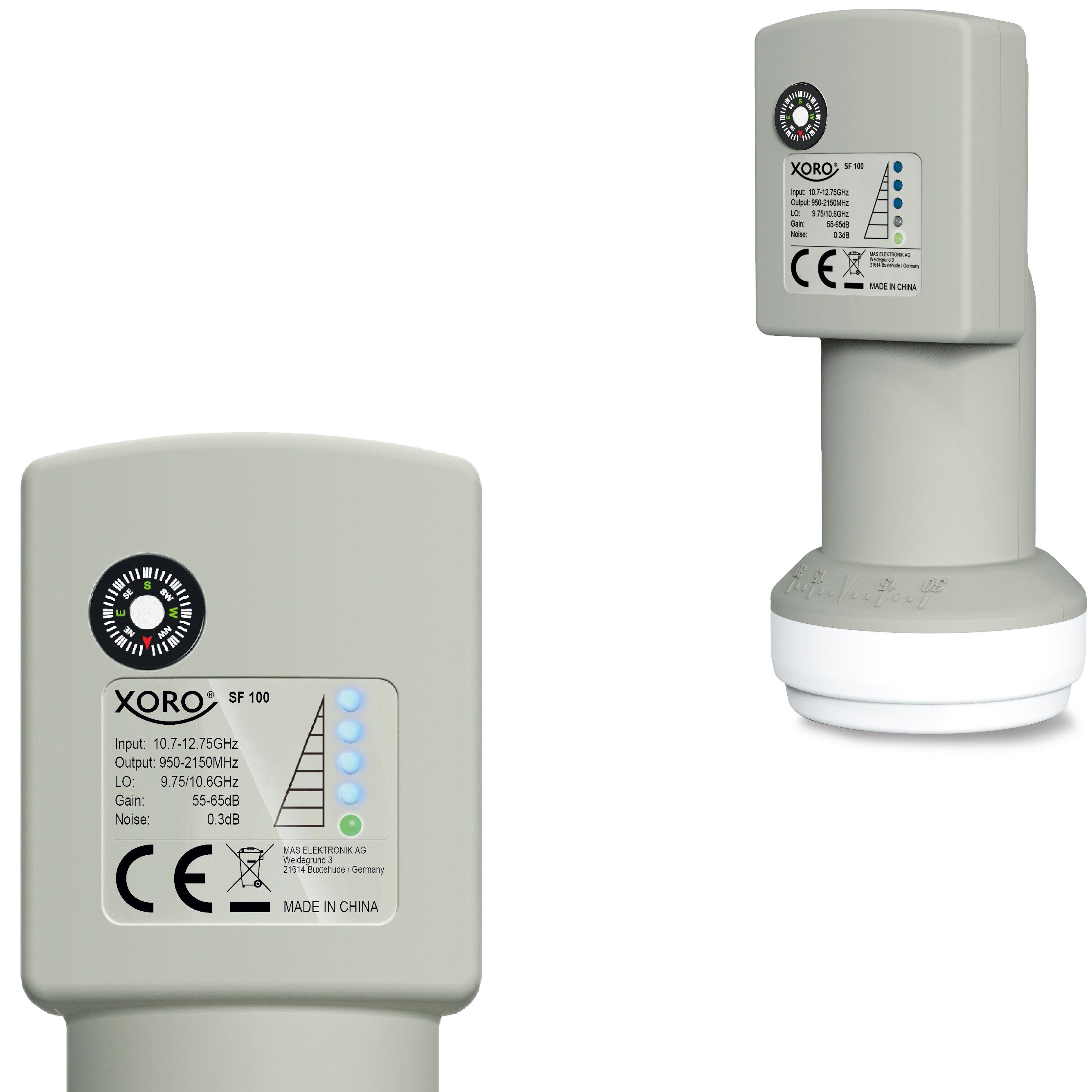 Xoro SF 100 LNB mit integriertem Satfinder, Kompass und 40-mm-Feed Universal-Single-LNB (für 1 Teilnehmer, Ideal für portable SAT‑Antennen im Campingbereich)