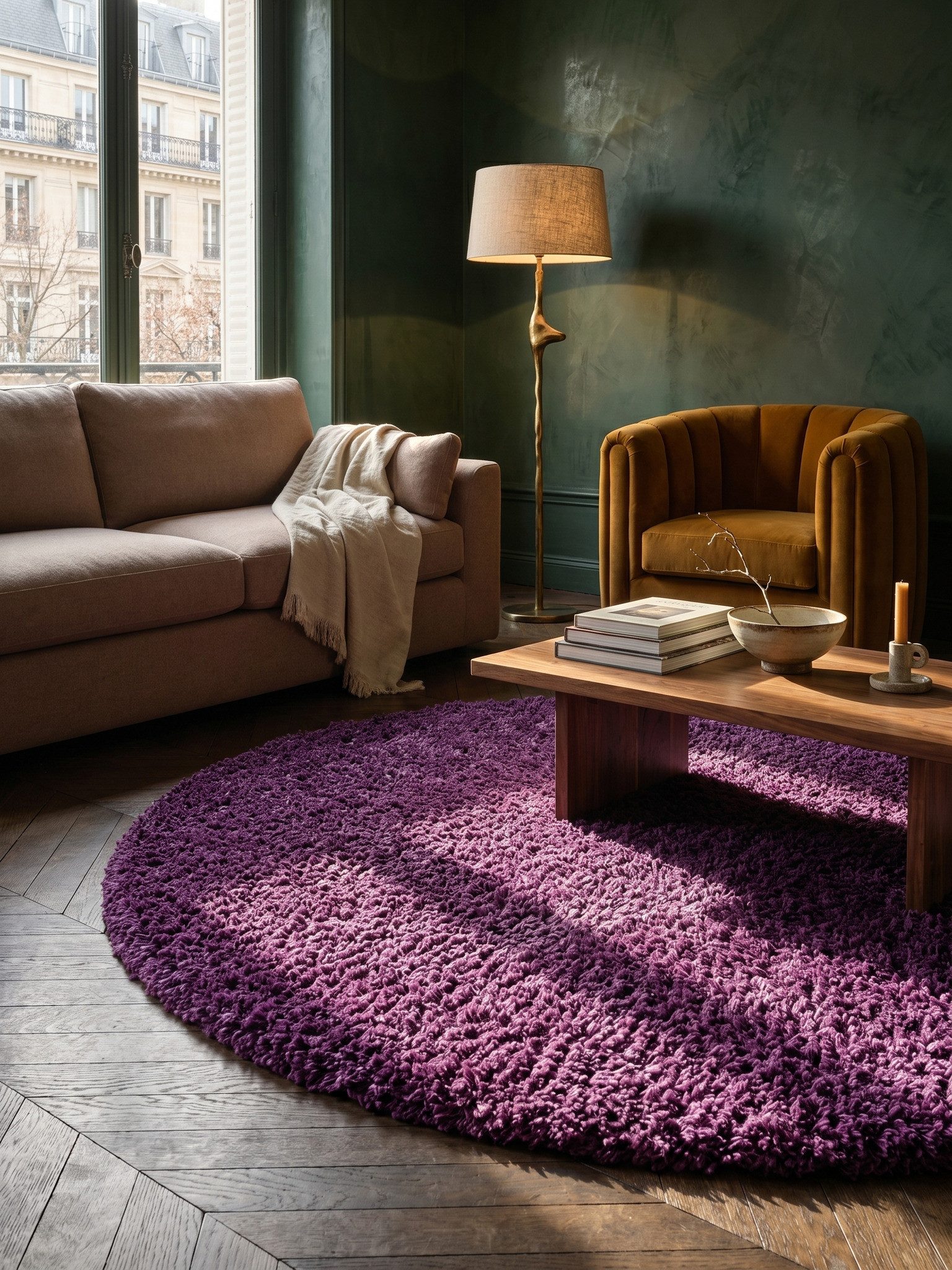 KADIMA DESIGN Teppich Unifarben Polypropylen Wohnzimmer Shaggy Teppich Hochflor, Rund, Höhe: 32 mm, Handwäsche, Rücken aus Jute, Gekettelt, 48500 Points/m2, 80x80cm