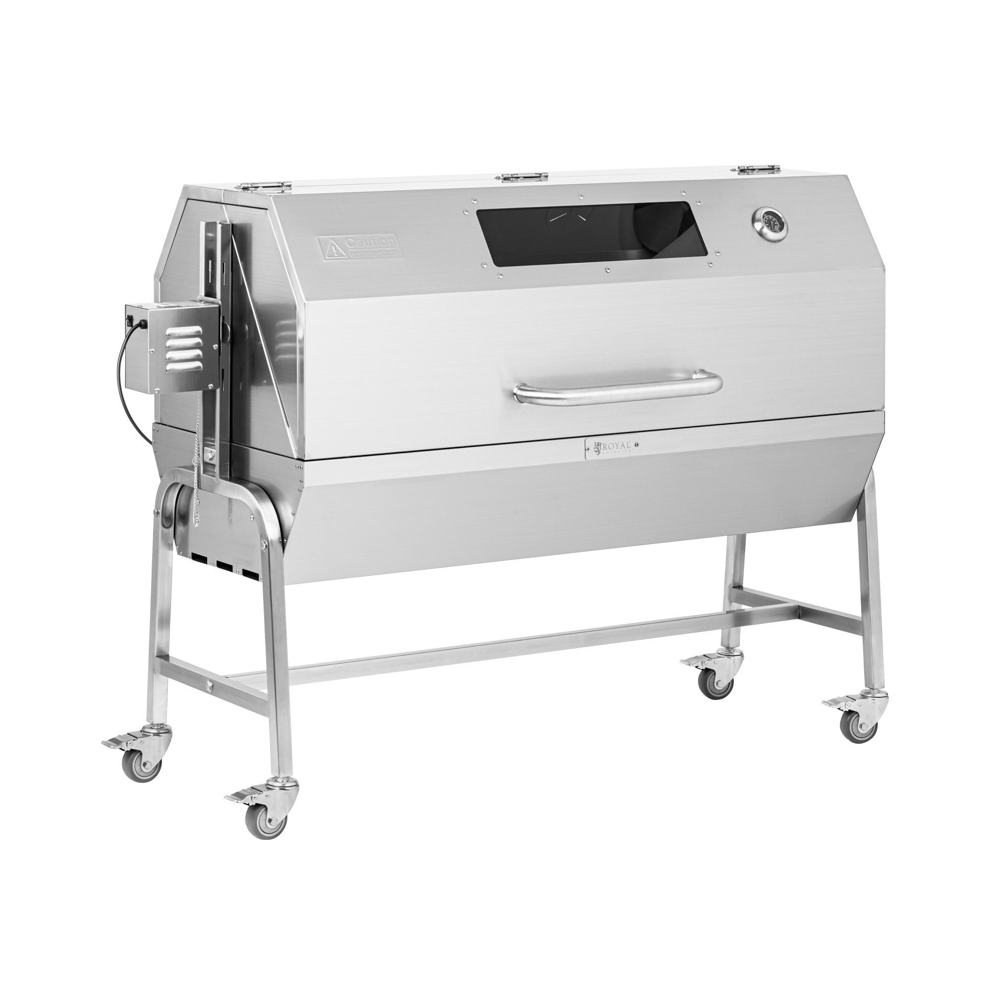 Royal Catering Грильpieß Edelstahl Spanferkelgrill 123 x 35 cm Spießgrill Abdeckung Thermometer