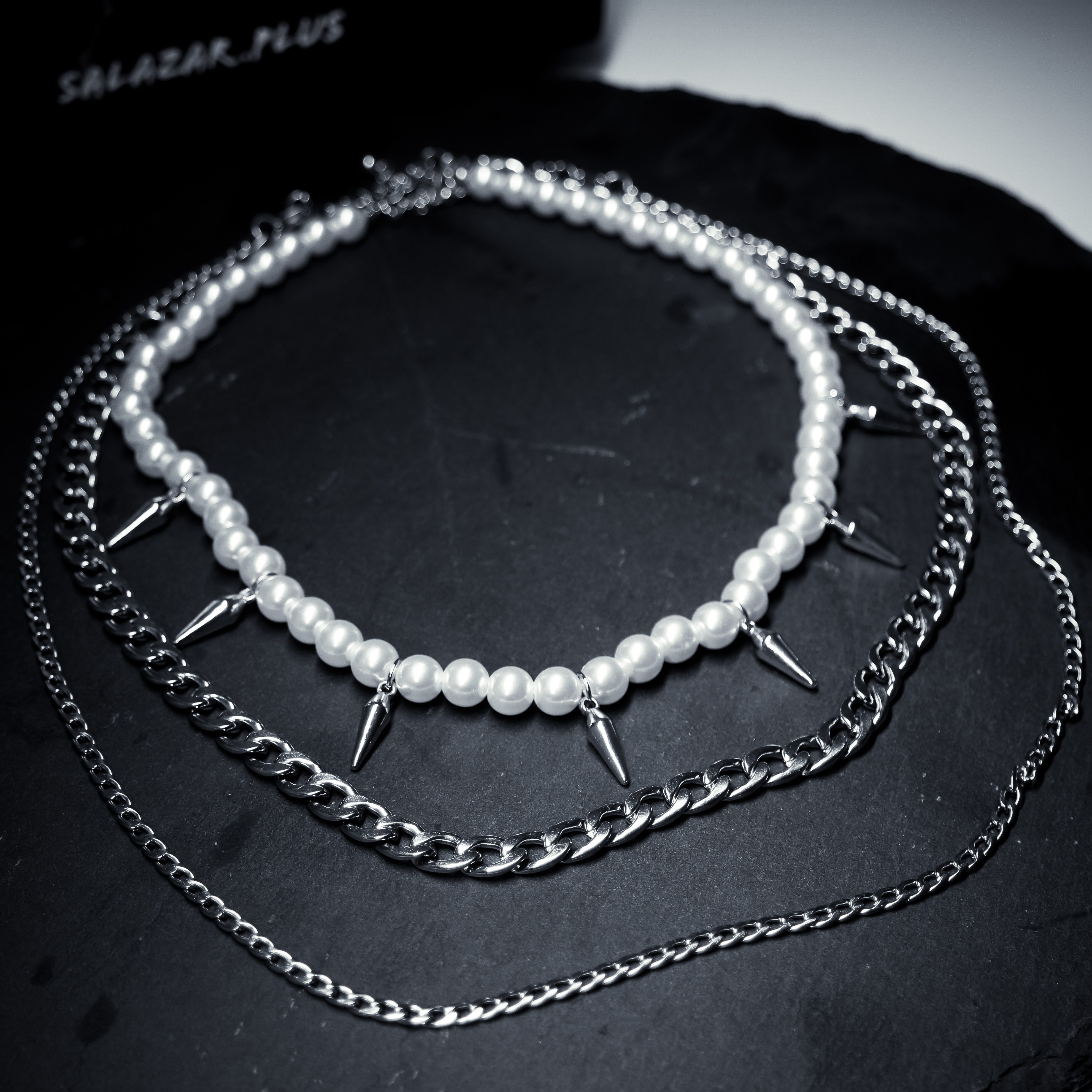 salazar.plus Perlenketten-Set Perlenkette mit Nieten Kubanische Kette Edelstahl 3er Set Herren (3er Set)