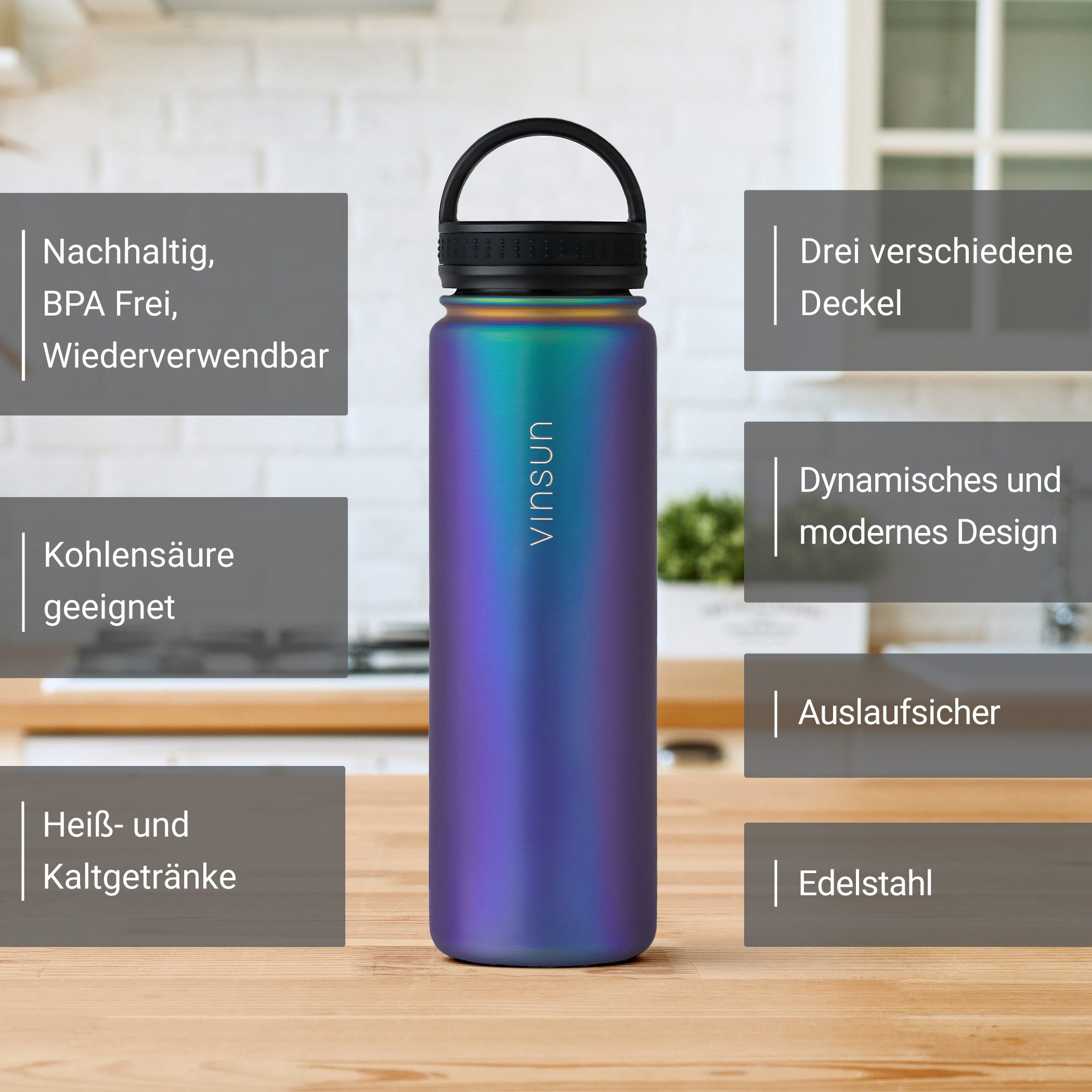 Vinsun Isolierflasche Edelstahl Trinkflasche 500ml, 3 Deckel, auslaufsicher, doppelwandig, 3 Deckel - Strohhalm, Trinköffnung, Schraubverschluss