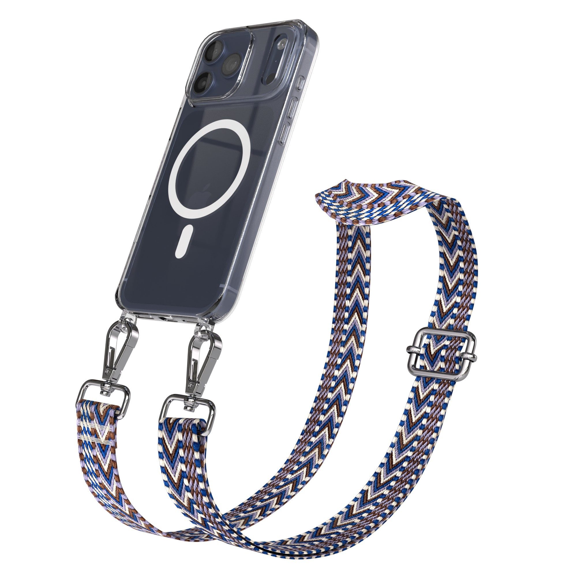 EAZY CASE Handykette Umhängeband MagSafe Hülle Apple iPhone 17 Pro Max 6,9 Zoll, Handyband zum Wechseln geflochtenes Taschenband Festivalbag Boho Blau