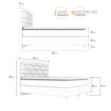 gowoll Boxspringbett 160x200 mit Bettkasten inkl. Waben Kopfteil und Matratze mit Topper (Doppelbett Set, bett für Schlafzimmer), Polsterbett + 2x Bettkästen + Taschenfederkern Mattress