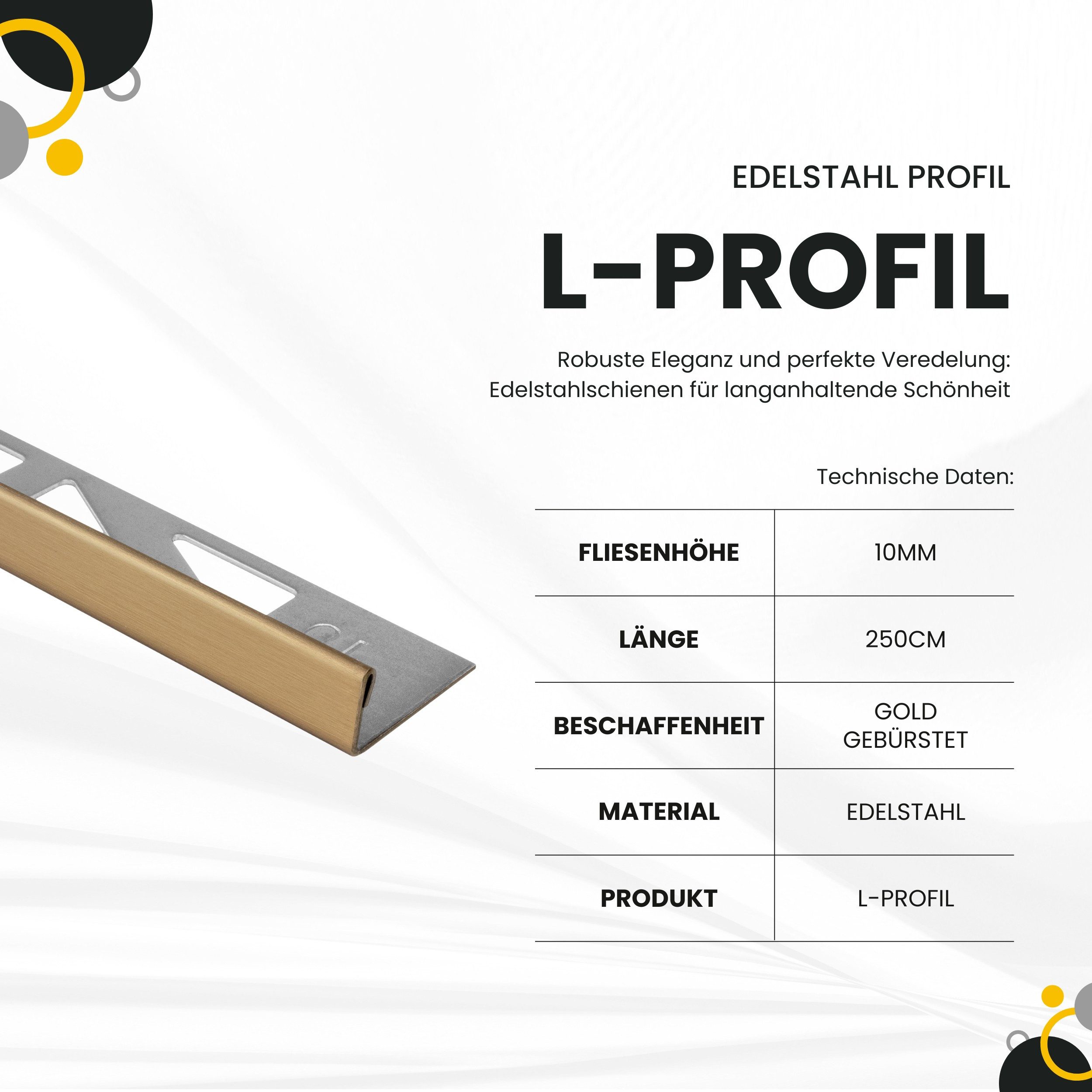 tktrading24 Abschlussprofil L-Profil Edelstahl Fliesenprofile V2A L250cm 10mm Gold gebürstet