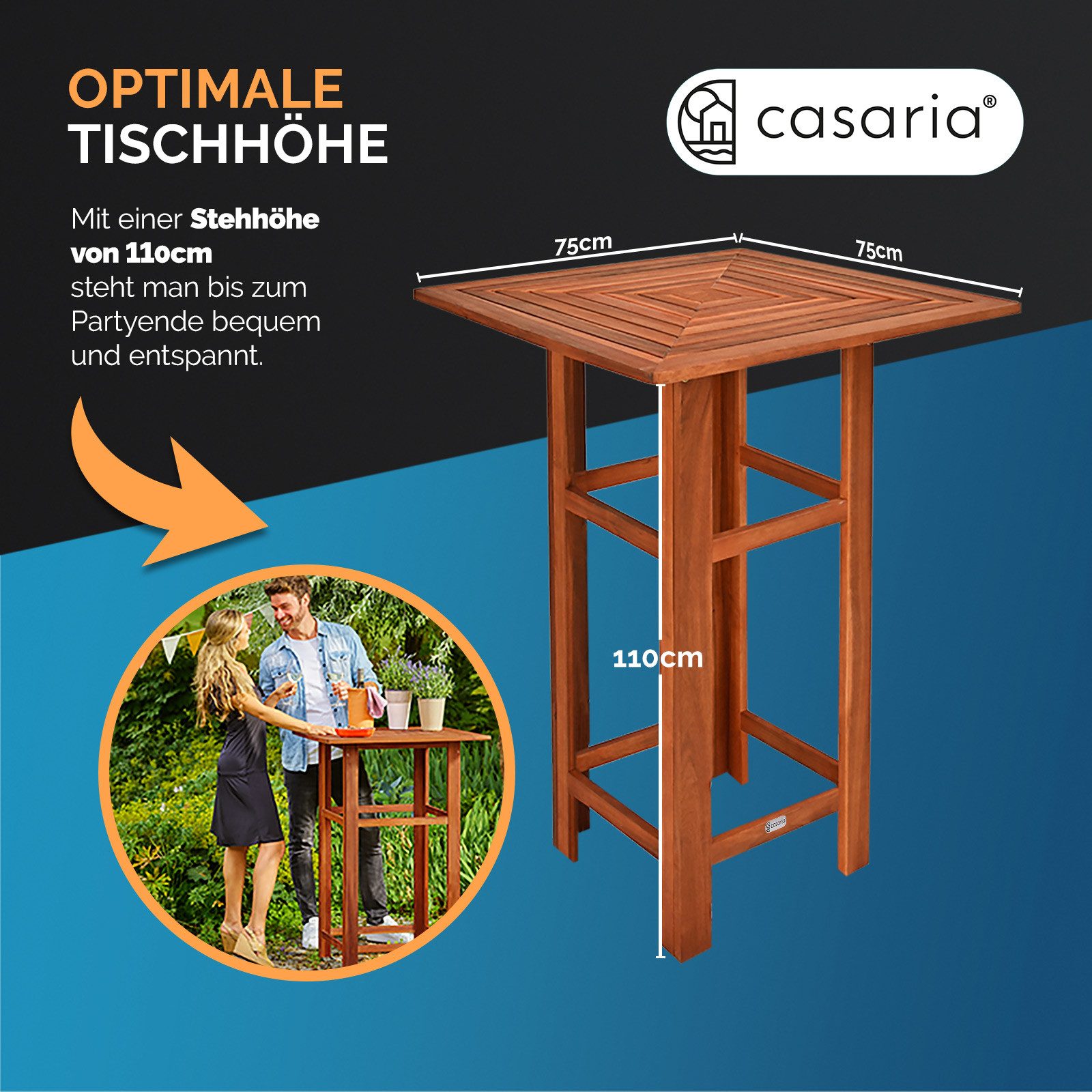 Casaria Stehtisch, Bartisch mit Hocker Set Outdoor Holz Akazie 110x75x75cm Wetterfest