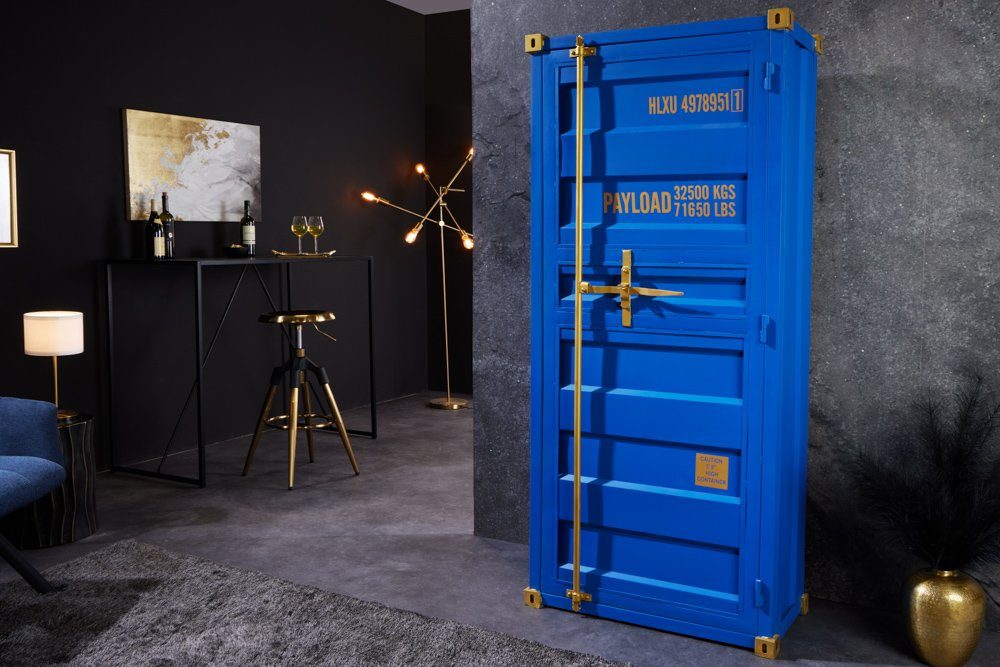 riess-ambiente Barschrank GLOBETROTTER 180cm blau/gold - Eisen, Mangoholz, Upcycling, Bar (Einzelartikel, 1-St) Industrial Weinregal für Alkohol - ideal für Wohnzimmer oder Küche