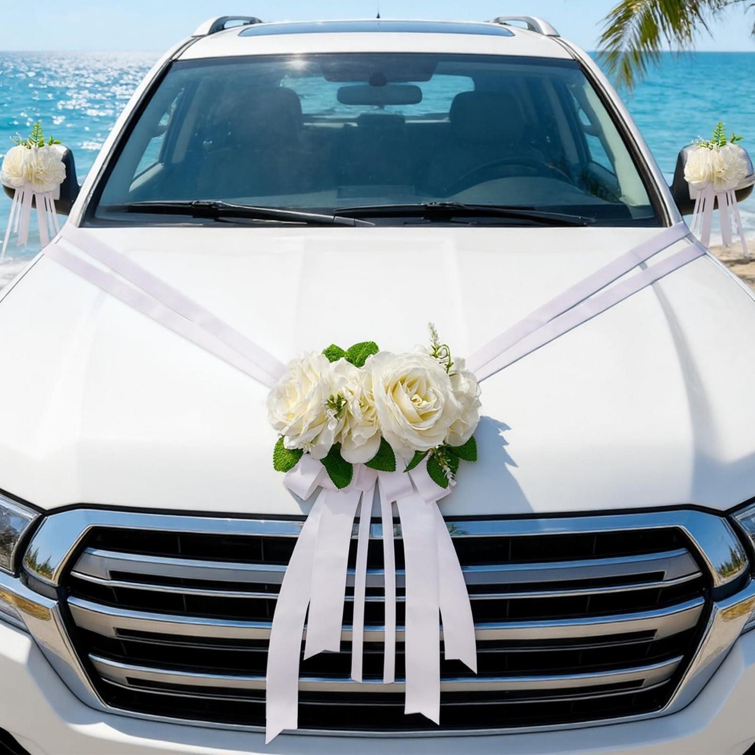 LuxusKollektion Girlande Hochzeitsauto Deko-Set 3 Rosen Weiß