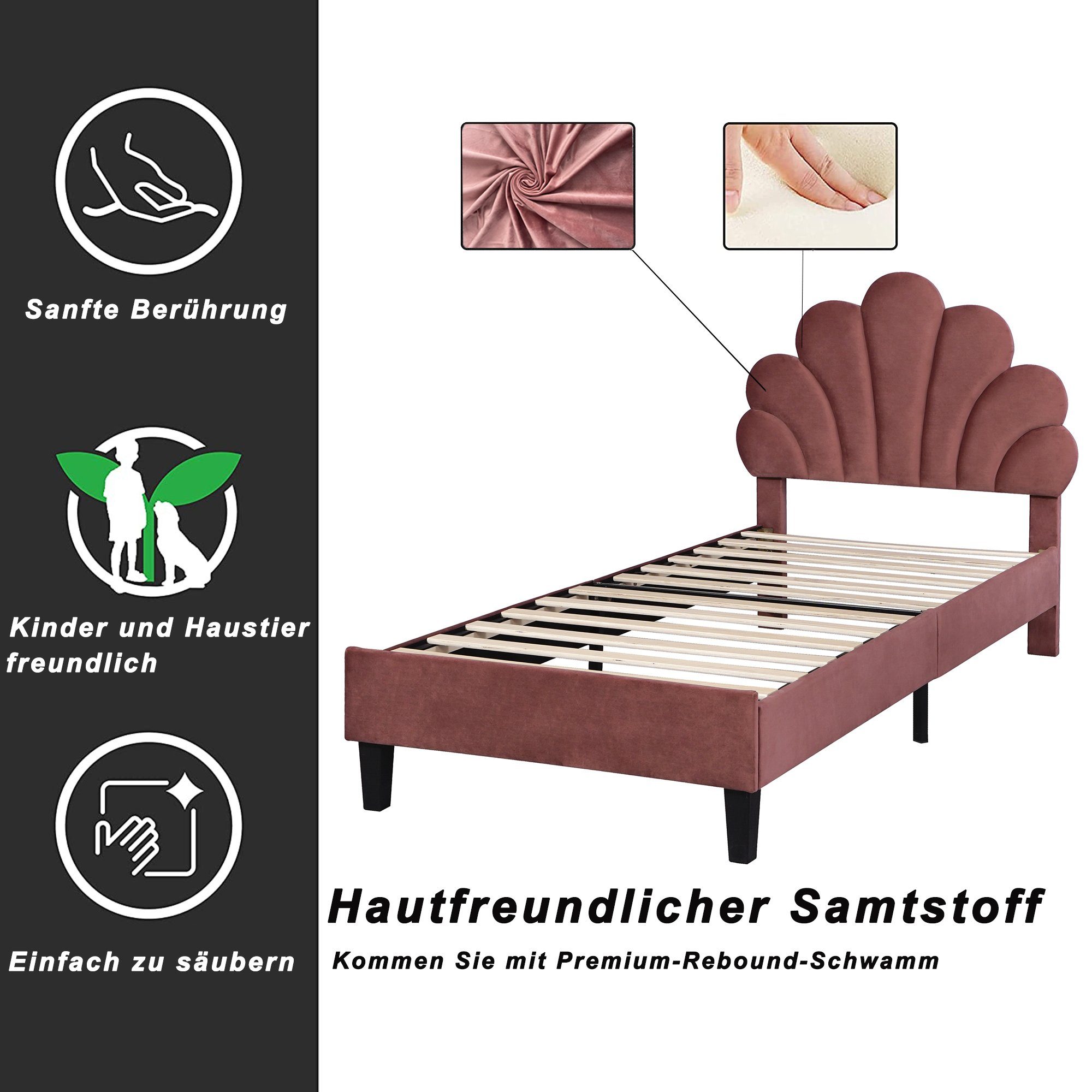 Polsterbett (Einzelbett), Kinderbett mit Blumenform-Kopfteil, Samt, 90x200cm