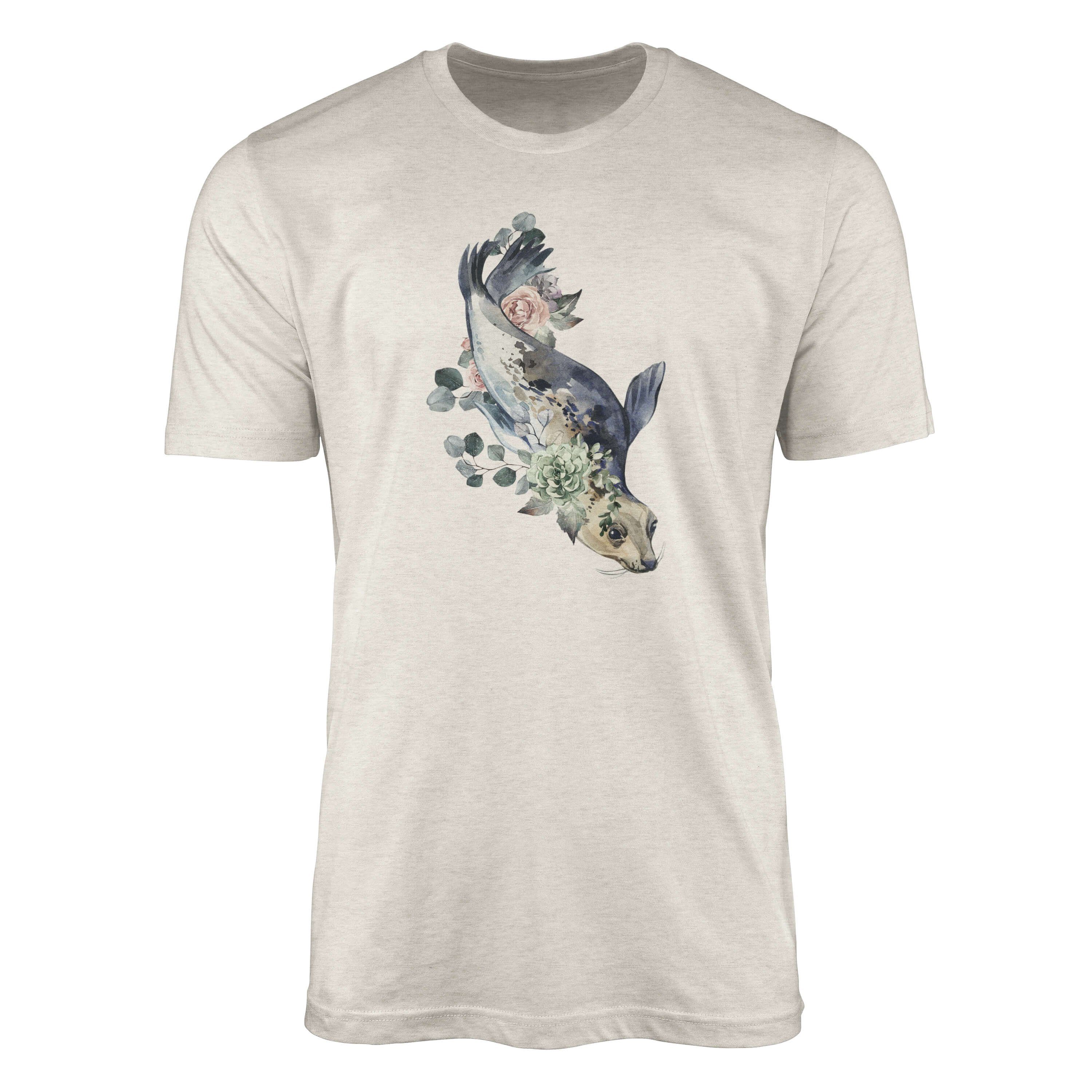 Sinus Art T-Shirt Herren Shirt 100% gekämmte Bio-Baumwolle T-Shirt Seerobbe Wasserfarben Motiv Nachhaltig Ökomode aus (1-tlg)