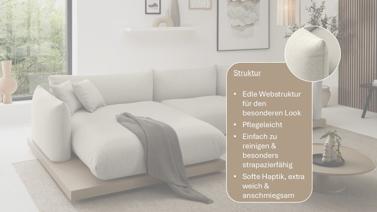 OTTO home Ecksofa Kalix L-Form, 323 cm - OTTO. Verlässliche Qualität., Designsofa, auf Holzplateau, Strukturstoff, hoher Sitzkomfort