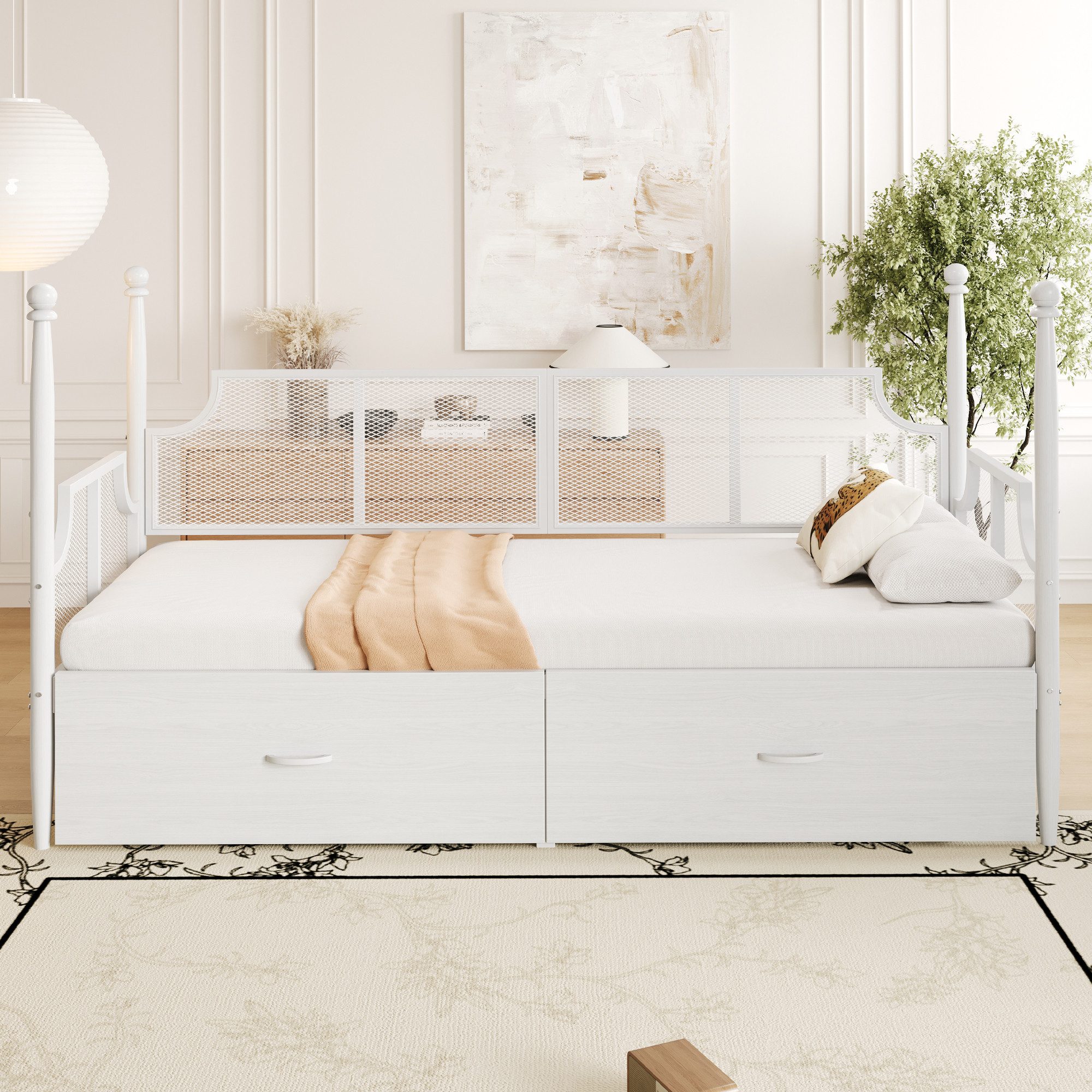 STILVORA Schlafsofa mit Stauraum,Eisenbett 90×200,Einzelbett mit schubladen,Jugendbett, 90x200 cm mit Netzrückenlehne & Stauraum, Multifunktionales Tagesbett mit hohem Rahmen, ohne Matratze
