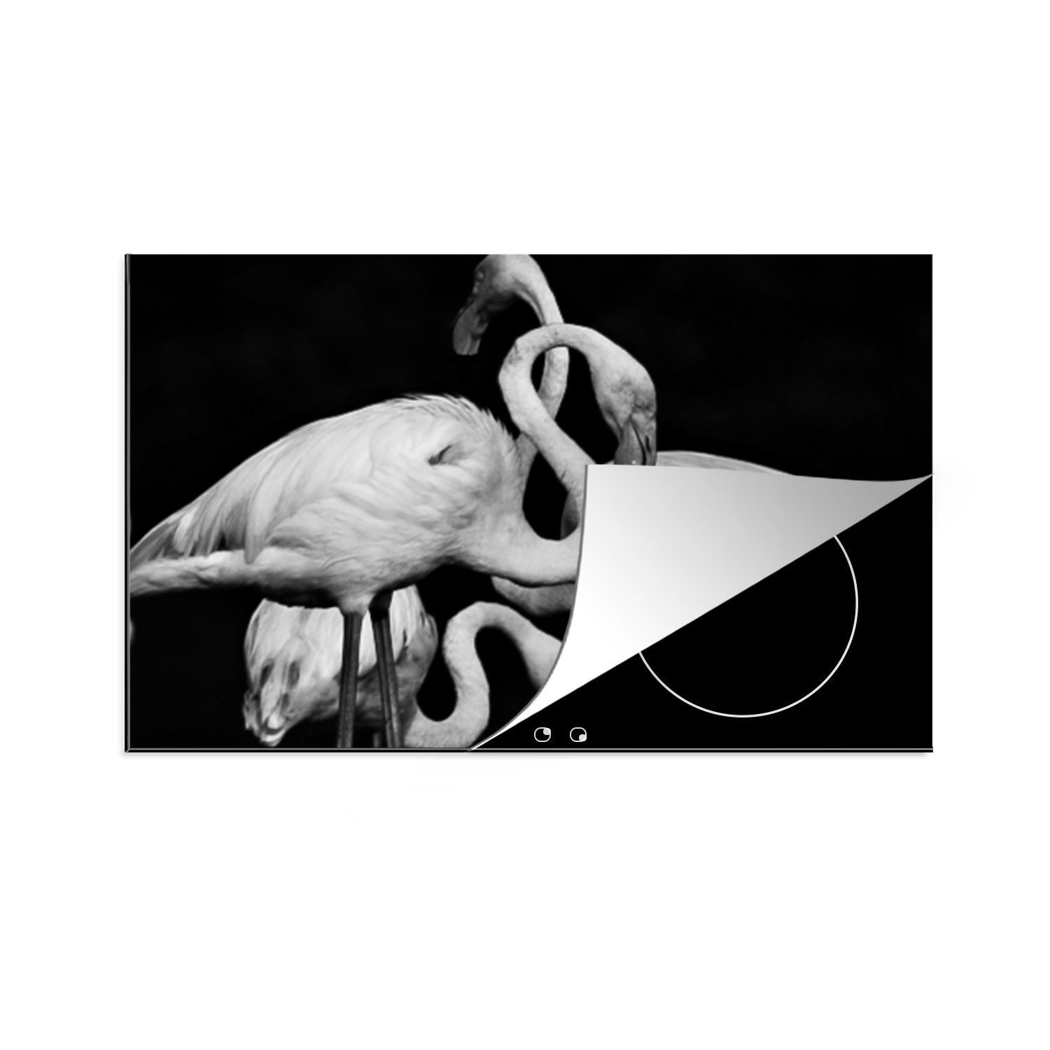 Induktionskochfeld Weiß, Schutz cm, (1 tlg), Vinyl, küche, Schwarz Flamingos für Ceranfeldabdeckung die 81x52 in und Herdblende-/Abdeckplatte MuchoWow