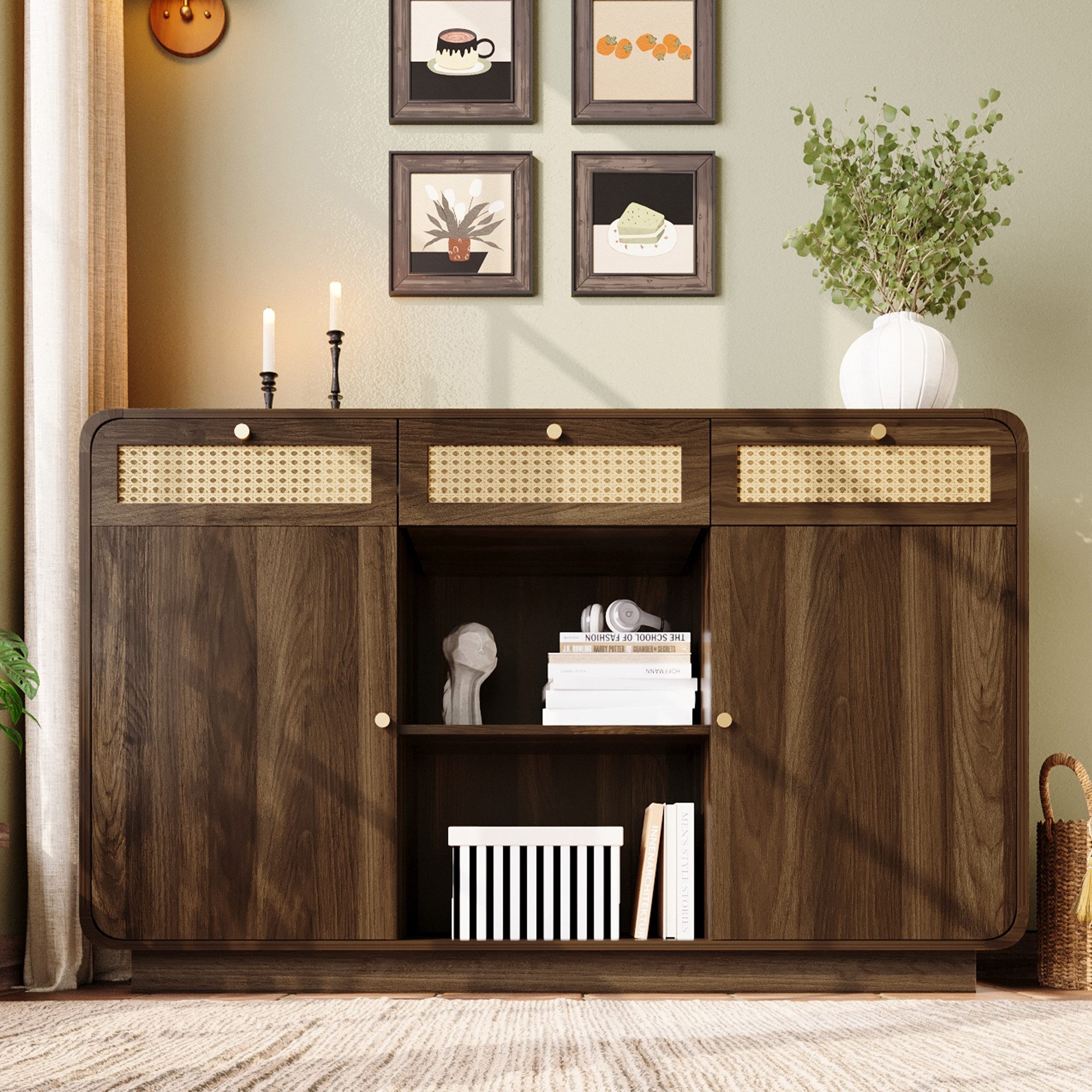 Flieks Kommode mit Rattan-Schubladen und verstellbaren Einlegeböden (1 St., H85/B120/T40 cm), Sideboard Mehrzweckschrank Holzschrank Nussbaumfarbe