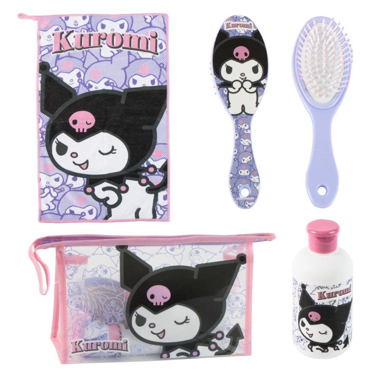 Hello Kitty Kulturbeutel - Kuromi Kinder Waschset Haarbürste Handtuch Travel Zubehör (3-tlg)