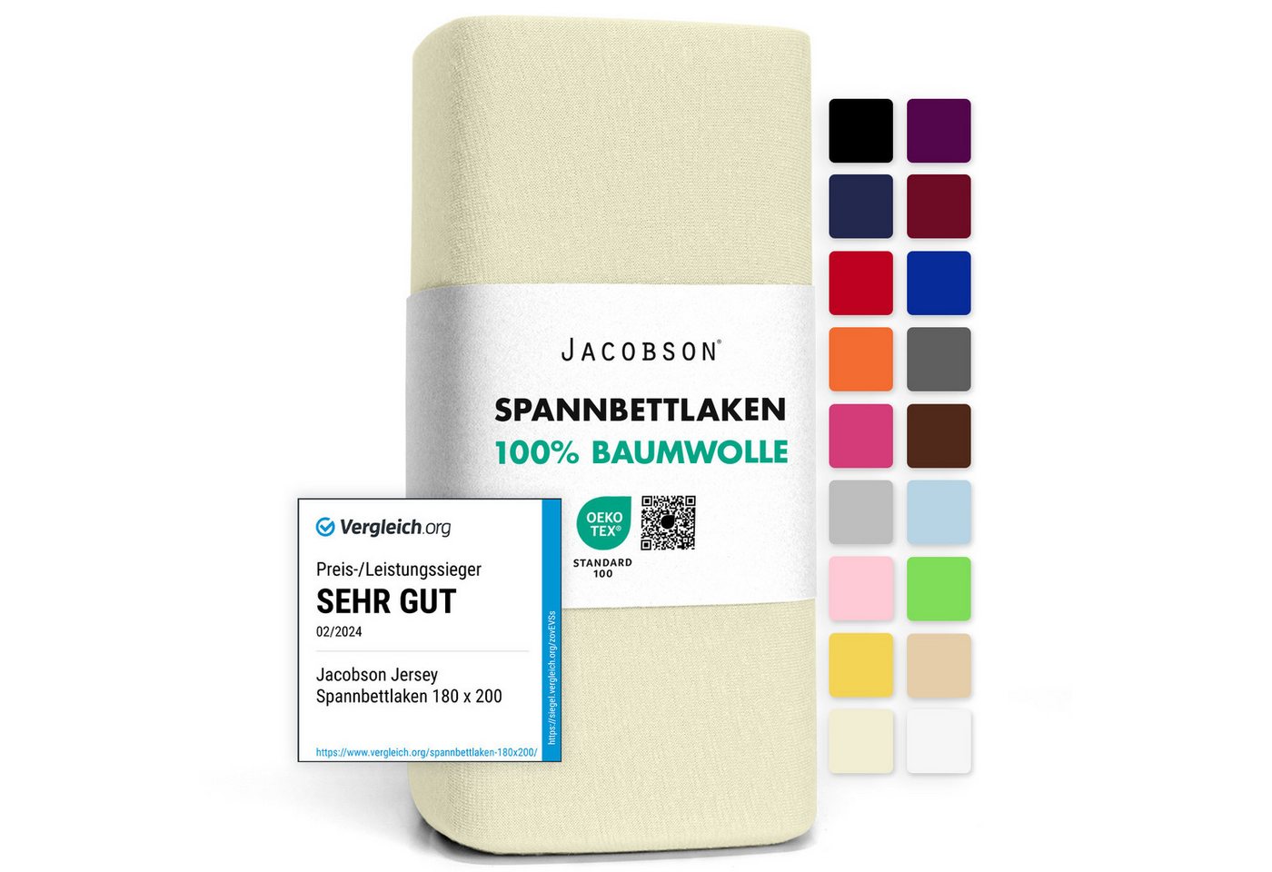 Jacobson Spannbettlaken aus 100% Baumwolle, Jersey Bettlaken 160 g/m², Spannbetttuch mit Gummizug, pflegeleicht & viele Farben