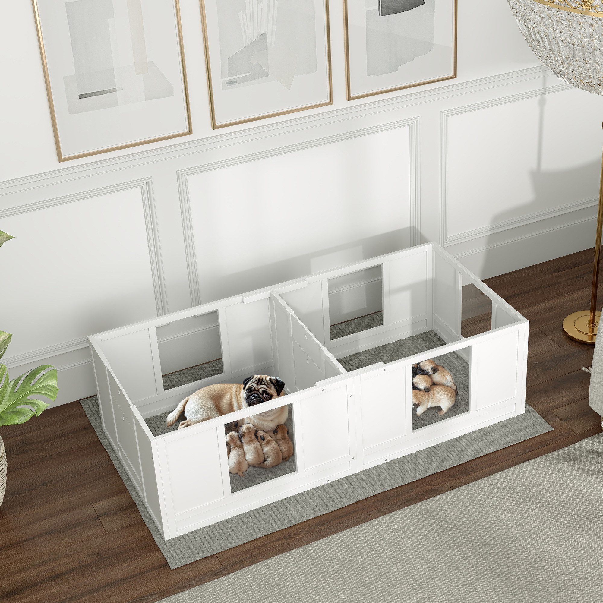 PawHut Laufgitter Welpenlaufstall mit 2-Raum-Design und waschbar (Wurfkiste für Welpen, 7-tlg), für kleine Hunde, 164 x 80 x 48 cm, Weiß