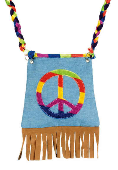 Das Kostümland Kostüm Hippie Tasche 'Peace' mit Fransen, Jeanslook Blau