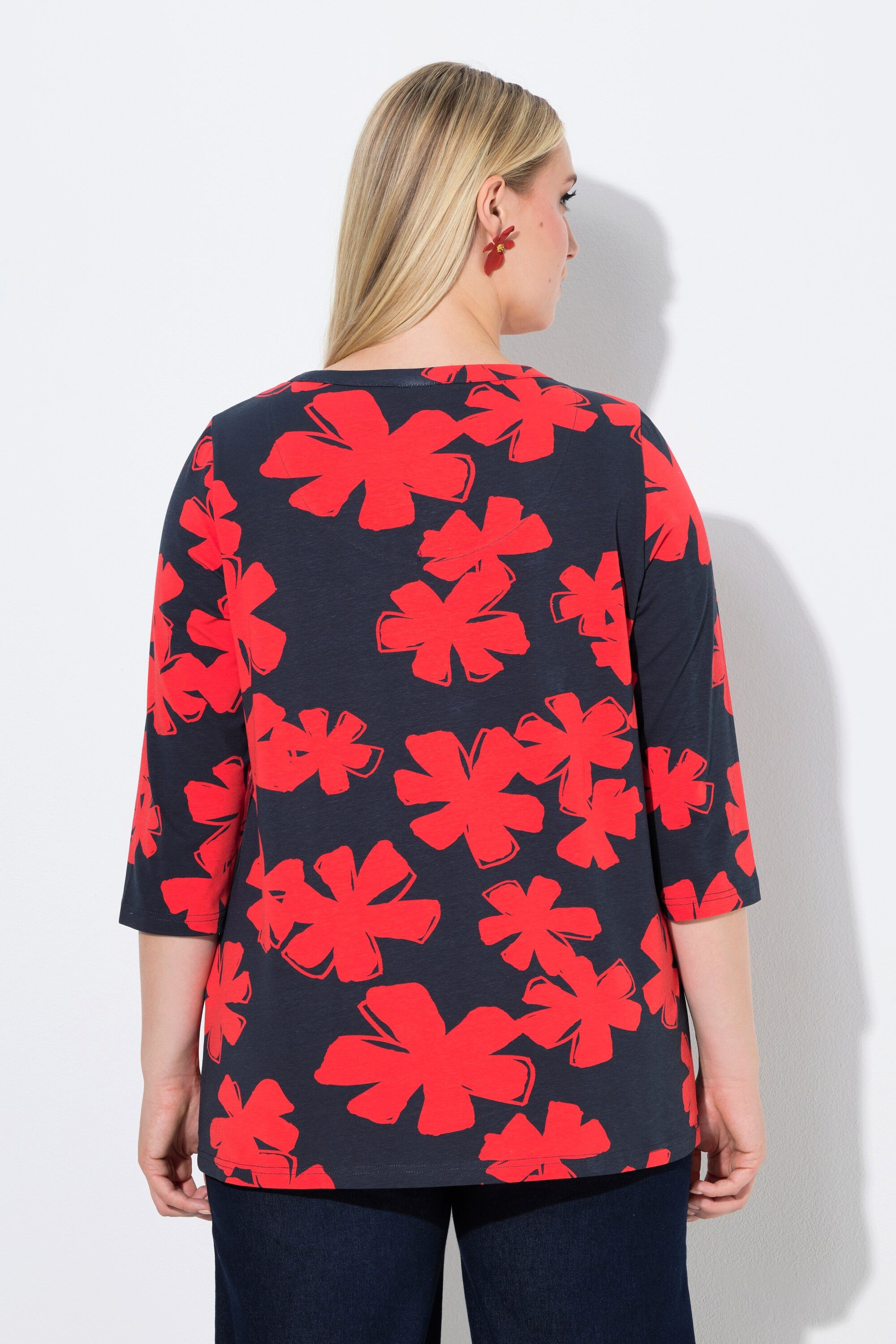 Ulla Popken T-Shirt Shirt Blüten A-Linie Rundhals Keyhole 3/4-Arm