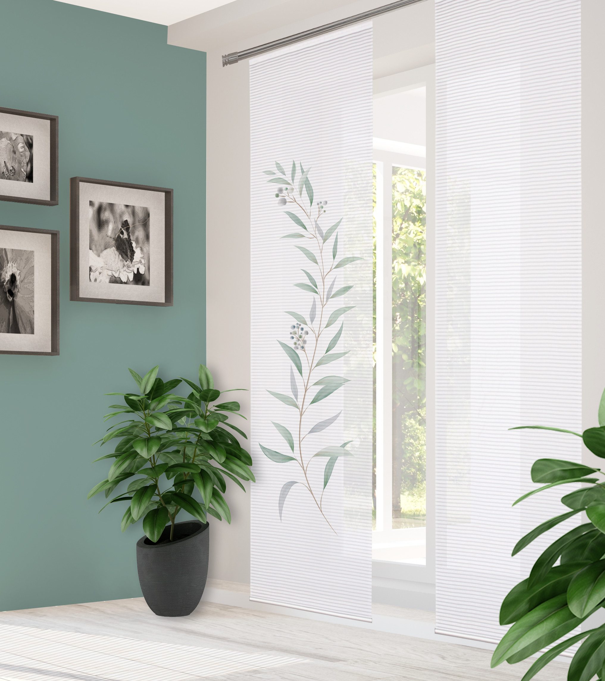 HOME WOHNIDEEN Schiebegardine HIG CELSO Schiebegardine rec. Polyester, 245x60 cm, 3D- Pflanzenranke (1 St), Paneelwagen, halbtransparent, Polyester (recycelt) Polyester