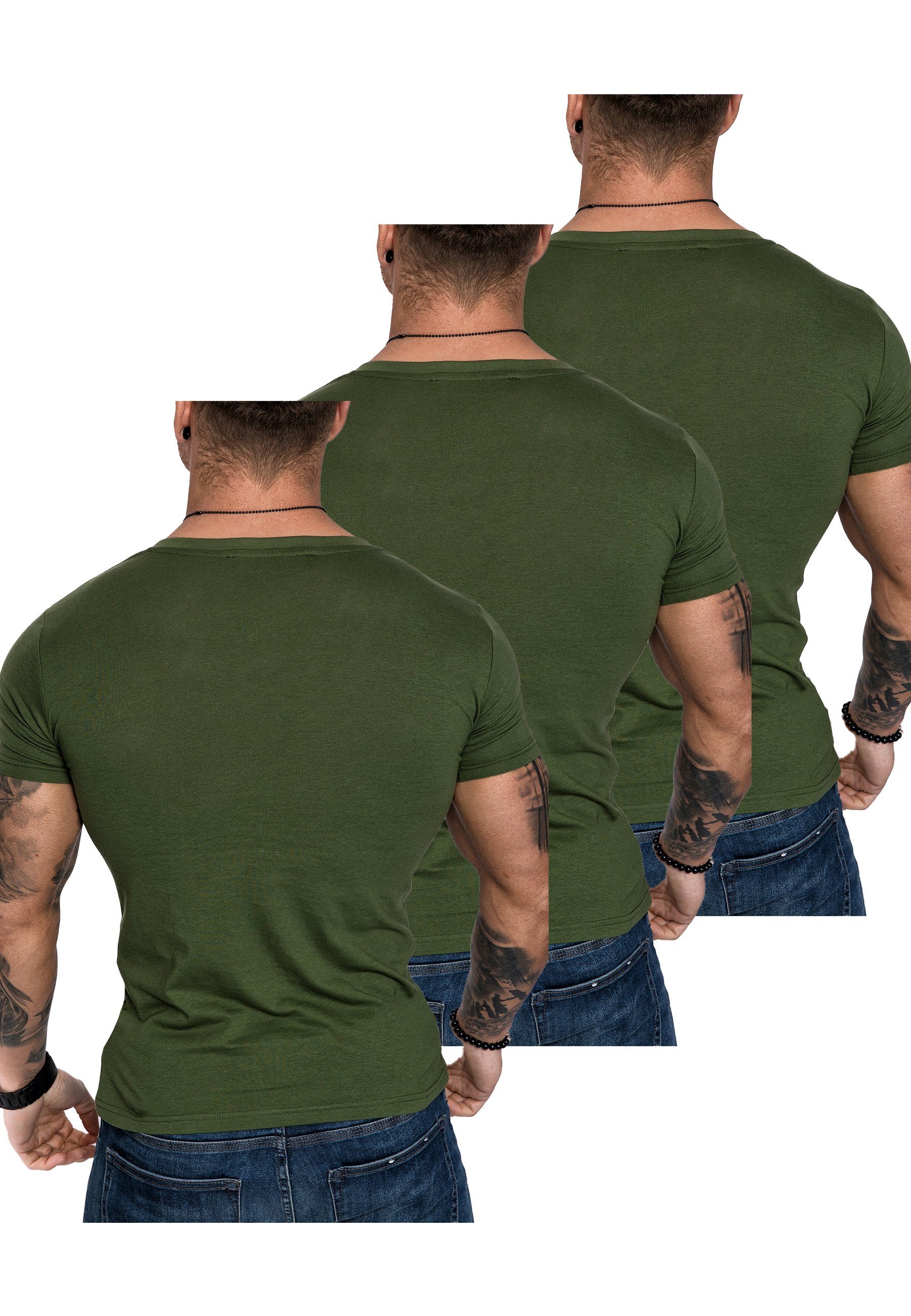 Khaki) EUGENE Amaci&Sons mit Basic Oversize Herren (3er-Pack) (3x T-Shirt T-Shirt 3er-Pack Herren T-Shirts 3. V-Ausschnitt