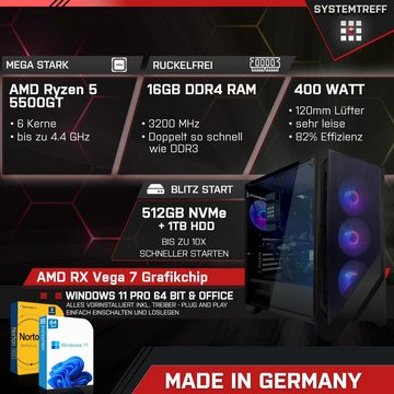 SYSTEMTREFF Basic Gaming-PC-Komplettsystem (24", AMD Ryzen 5 5500GT, RX Vega 7, 16 GB RAM, 1000 GB HDD, 512 GB SSD, Windows 11, WLAN)