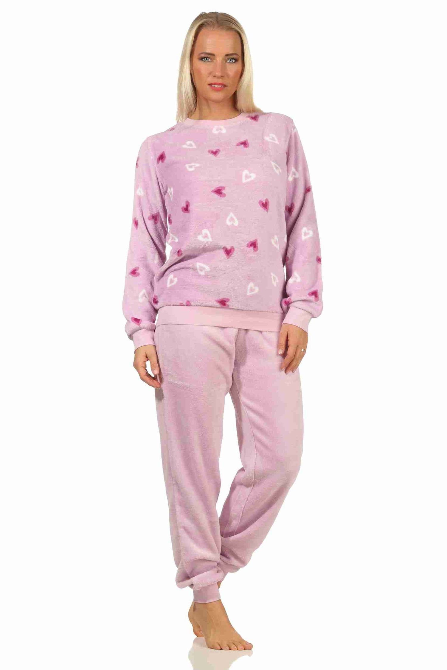Normann Pyjama Coralfleece mit Herz-Motiv flieder Damen Bündchen in aus Schlafanzug Optik