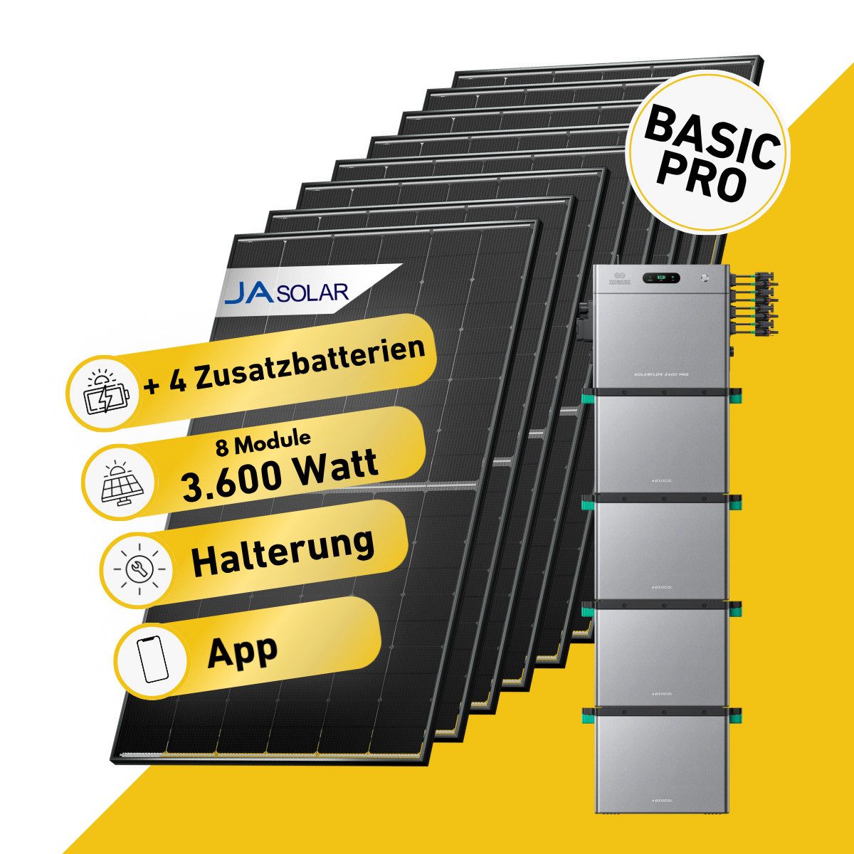 Balkonstrom Balkonkraftwerk Basic Pro 3600W Solaranlage mit Speicher Komplettset Bifazial, 3600 W, Monokristallin, (8x JA Solarmodul á 450 Watt, 1x Zendure SolarFlow 2400 Pro 2, 1-5 Zusatzspeicher AB3000L), Halterung für Dach, Fassade, Balkon & Garten, App & Plug&Play DE