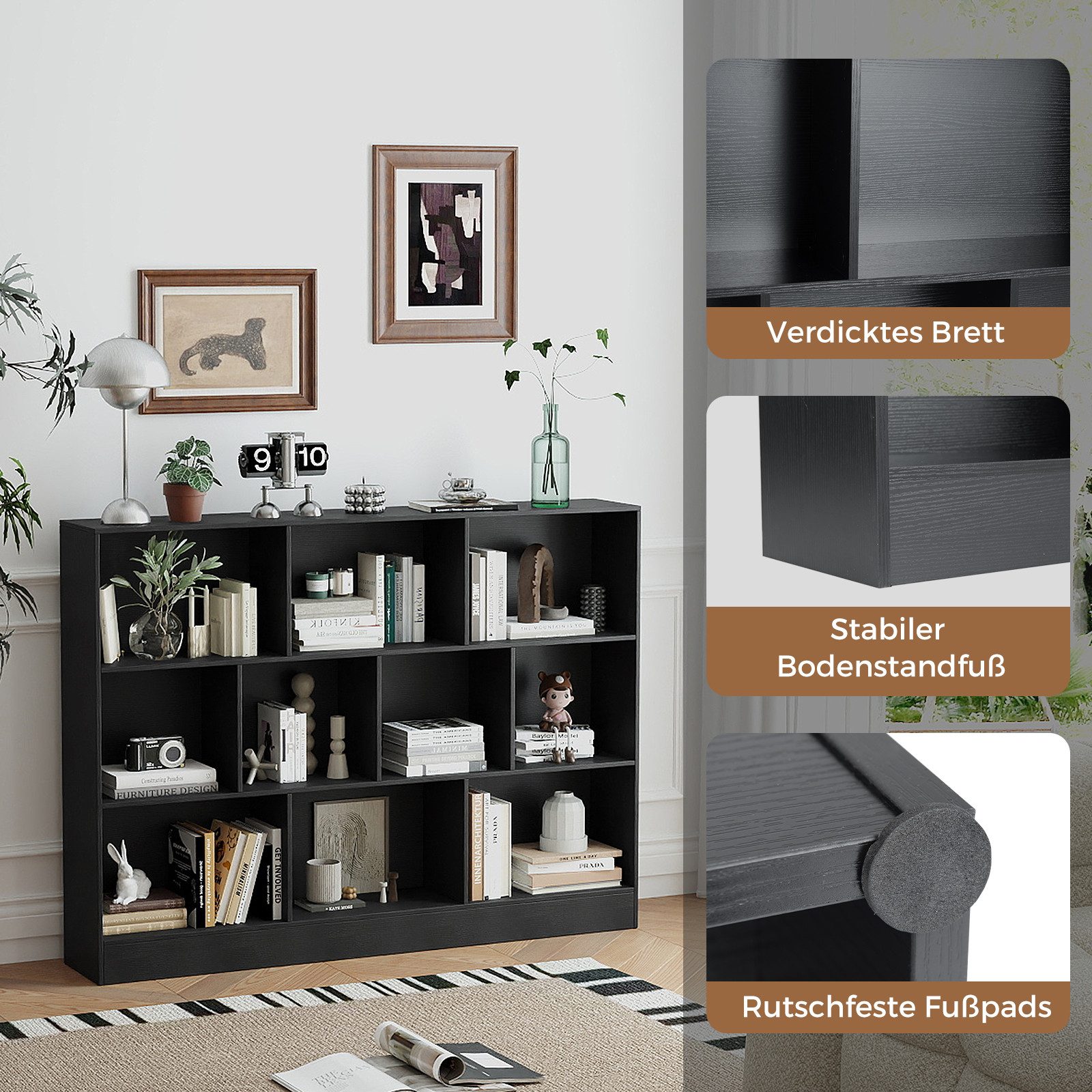COSTWAY Bücherregal, Standregal, 3 Ebenen, 10 Fächer, bis 70kg, 140x24x104cm